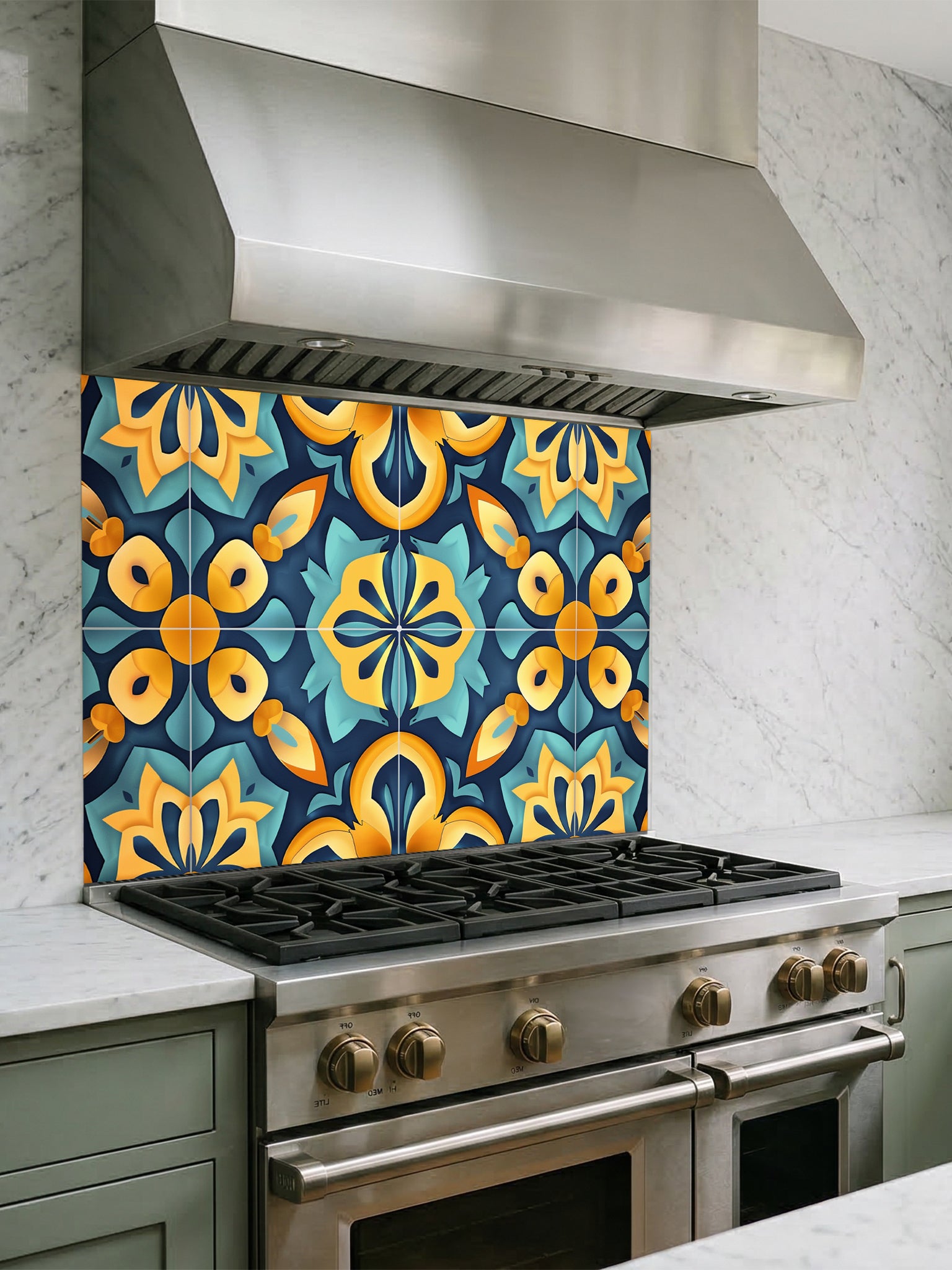 Tempered glass kitchen backsplash featuring a highly realistic illusion of traditional Moroccan encaustic tiles, showcasing a vibrant geometric floral pattern in teal, golden yellow, and deep navy, installed behind a modern black stove.