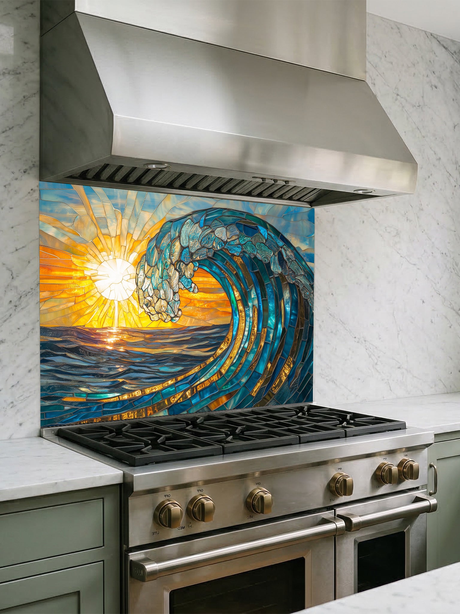 A vibrant stained glass effect tempered glass backsplash featuring a majestic crashing ocean wave and bright golden sunset, installed behind a modern stainless steel kitchen stove.