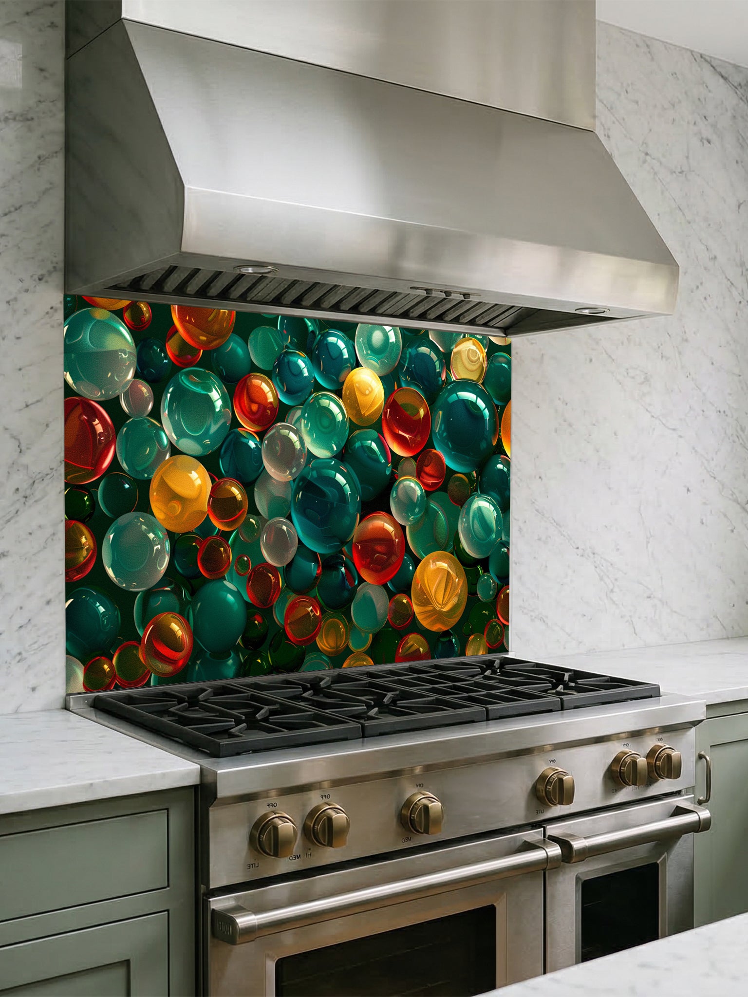 Faux 3D effect colorful translucent glass orbs and bubbles in jewel tones, UV printed on a smooth tempered glass kitchen backsplash, installed behind a modern stove.