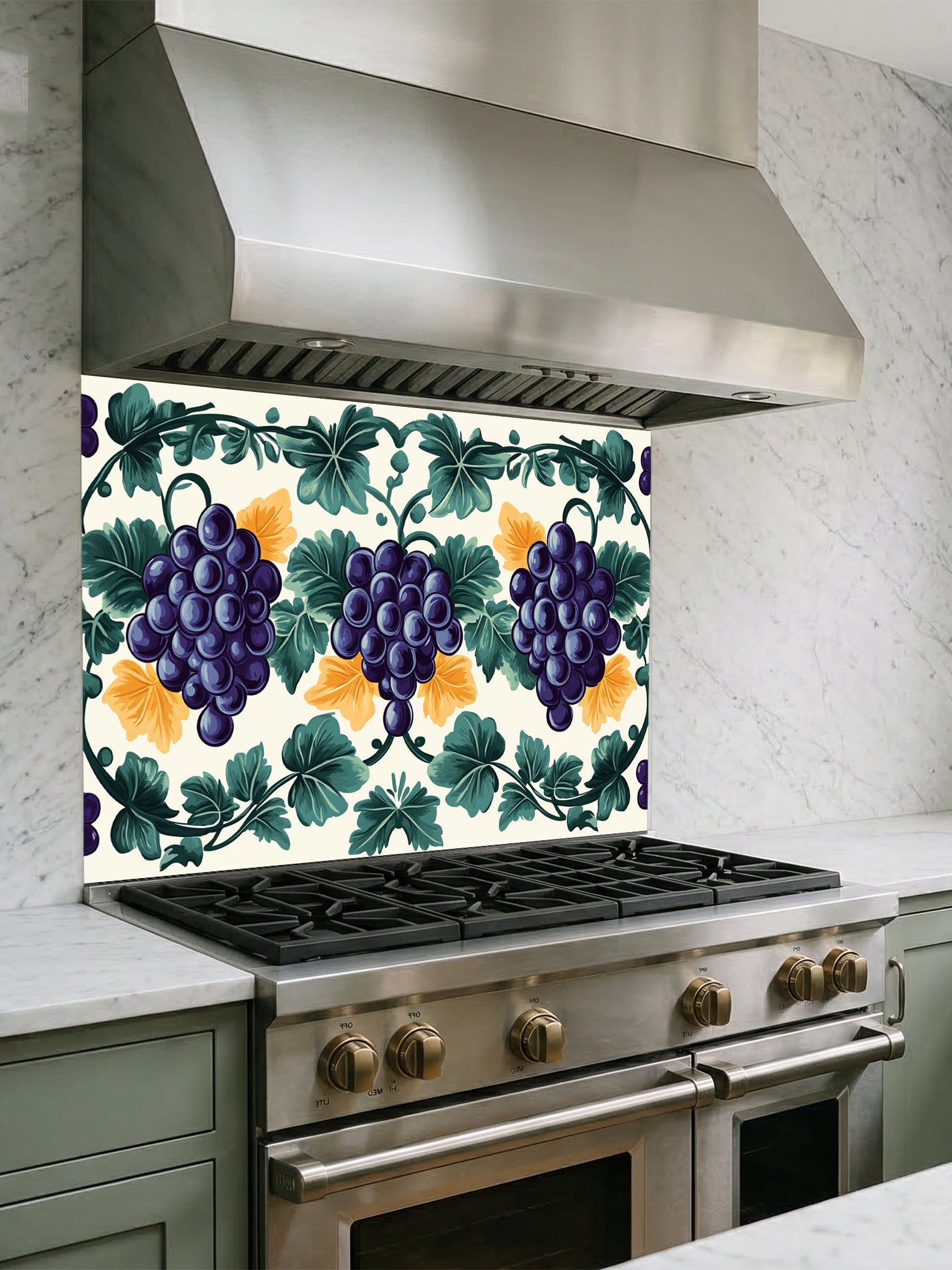 Traditional Mediterranean style faux tile pattern featuring purple grapes, green vine leaves, and yellow accents on a cream background, UV printed on a smooth tempered glass kitchen backsplash.