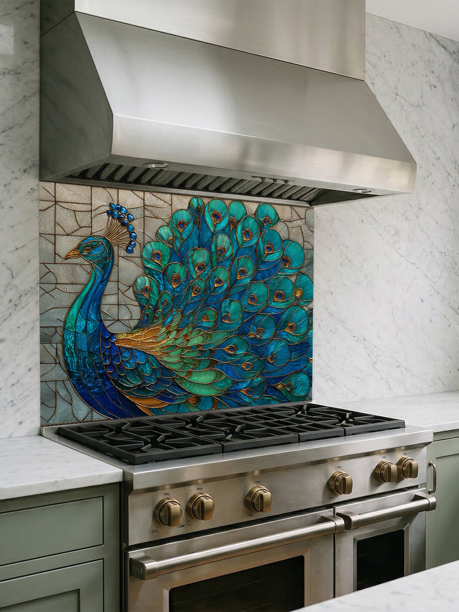 Stained glass style majestic peacock with spread feathers in teal, blue, and gold, UV printed on a smooth tempered glass kitchen backsplash, installed behind a modern stove.