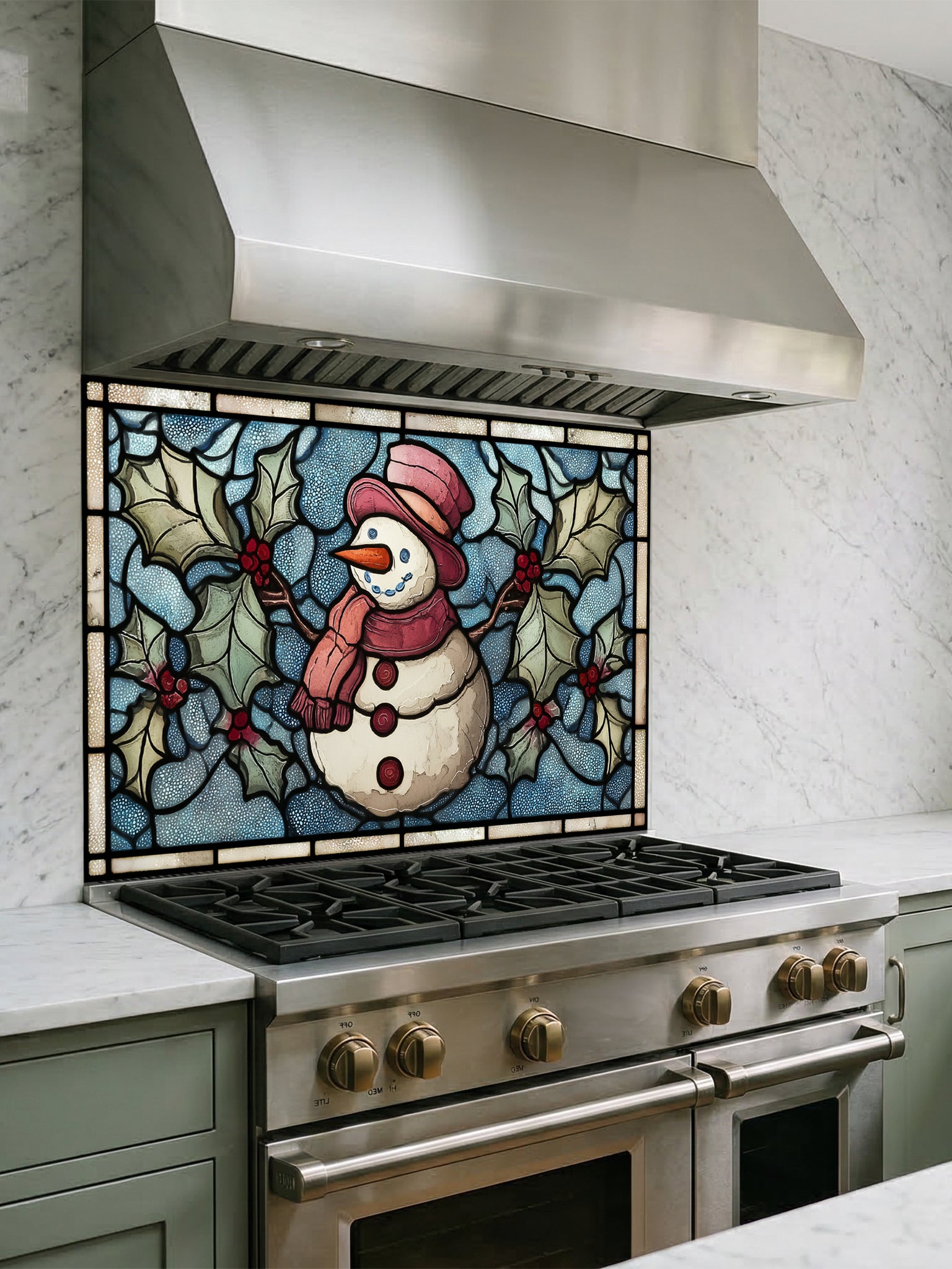 Tempered glass kitchen backsplash featuring a highly realistic 3D illusion of stained glass art showing a cheerful snowman with a red hat and scarf surrounded by green winter holly and red berries against a frosted icy blue background, installed behind a modern black stove.