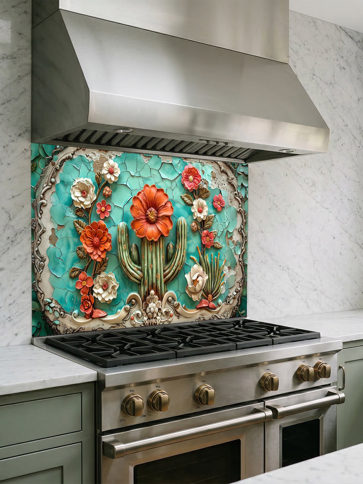 Faux 3D effect embossed blooming cactus with orange flowers on vintage cracked turquoise tiles, UV printed on a smooth tempered glass kitchen backsplash, installed behind a modern stove.