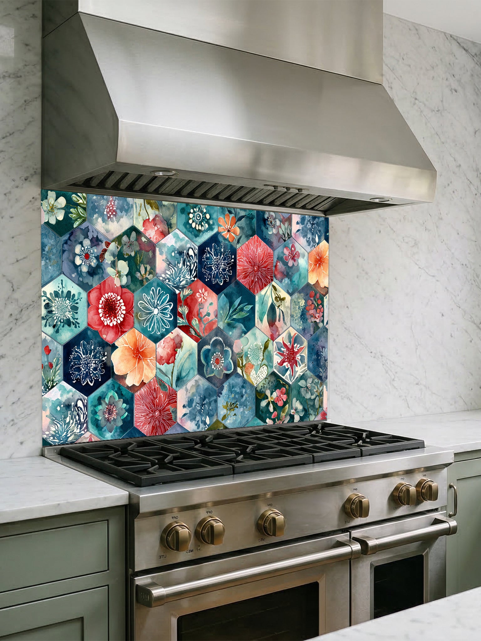 Tempered glass kitchen backsplash featuring a highly realistic illusion of geometric hexagon tiles showcasing delicate, hand-painted style watercolor floral patterns in navy blue, teal, coral red, and peach, installed behind a modern black stove.