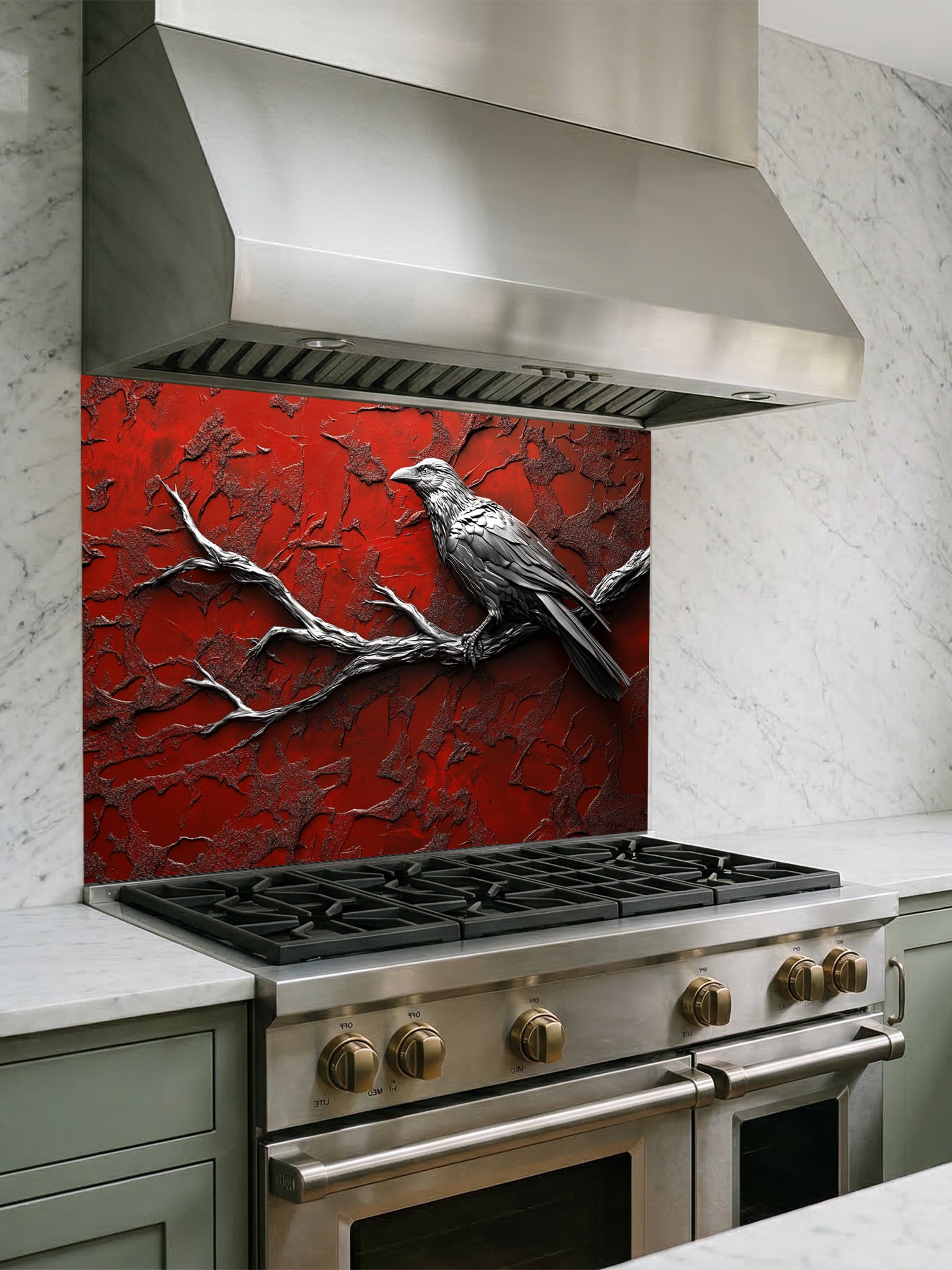 Tempered glass kitchen backsplash featuring a highly realistic 3D illusion of a sculpted metallic black raven perched on a bare branch against a heavily textured, distressed crimson red wall, installed behind a modern black stove.