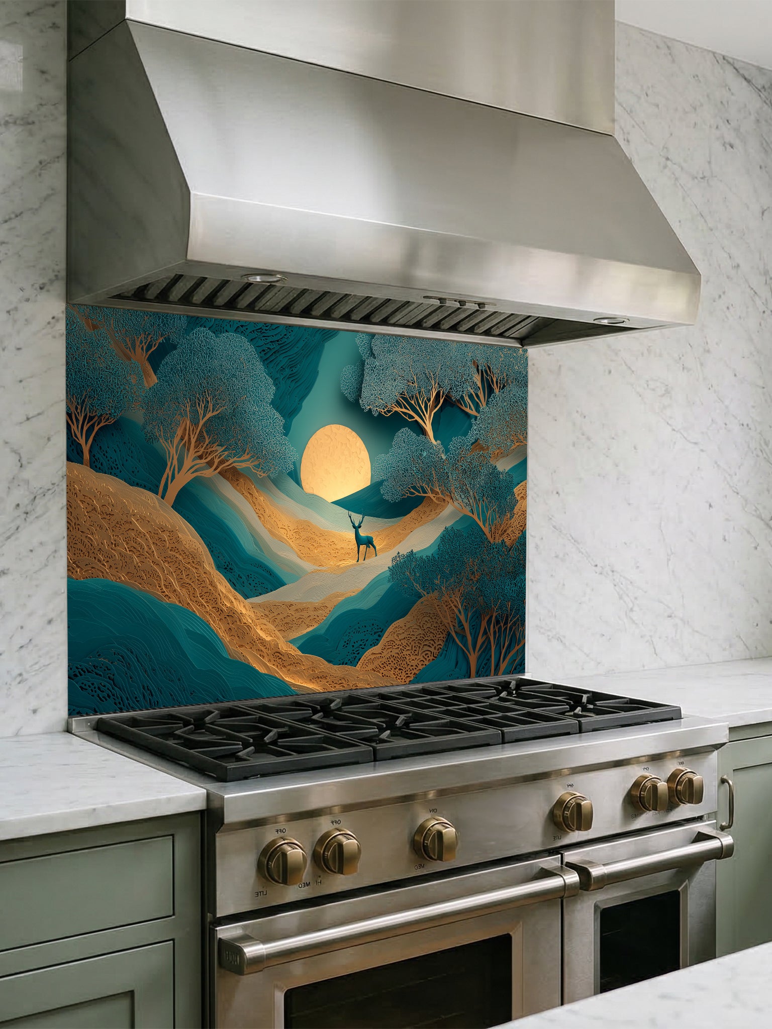 Faux 3D layered paper art of a mystical teal and gold forest with a deer and glowing moon, UV printed on a smooth tempered glass kitchen backsplash, installed behind a modern stove.