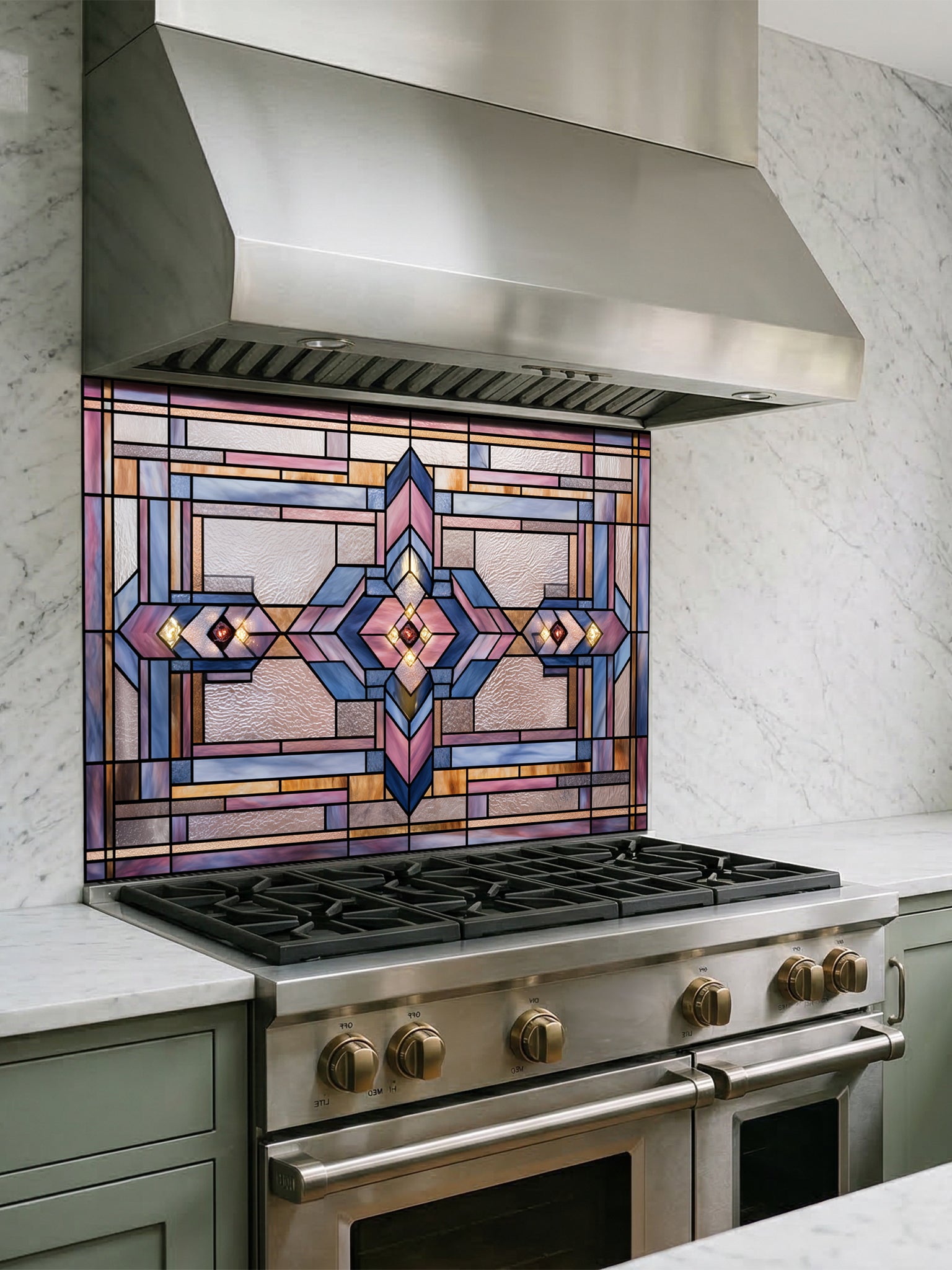 Tempered glass kitchen backsplash featuring a highly realistic 3D illusion of architectural Prairie-style stained glass, showing a symmetrical geometric pattern with diamonds and intersecting lines in dusty rose, lavender, soft blue, and amber, installed behind a modern black stove.