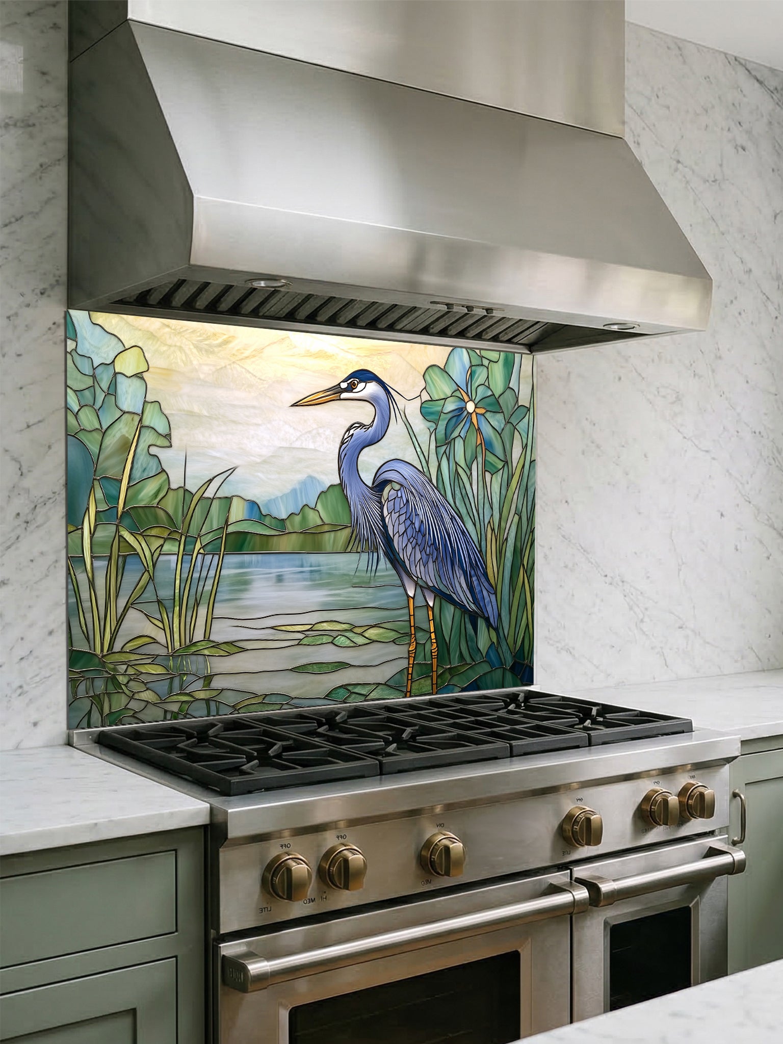 Tempered glass kitchen backsplash featuring a bright faux stained glass design of a majestic blue heron standing among lily pads against a glowing sunrise and mountain landscape, installed behind a modern stainless steel stove.