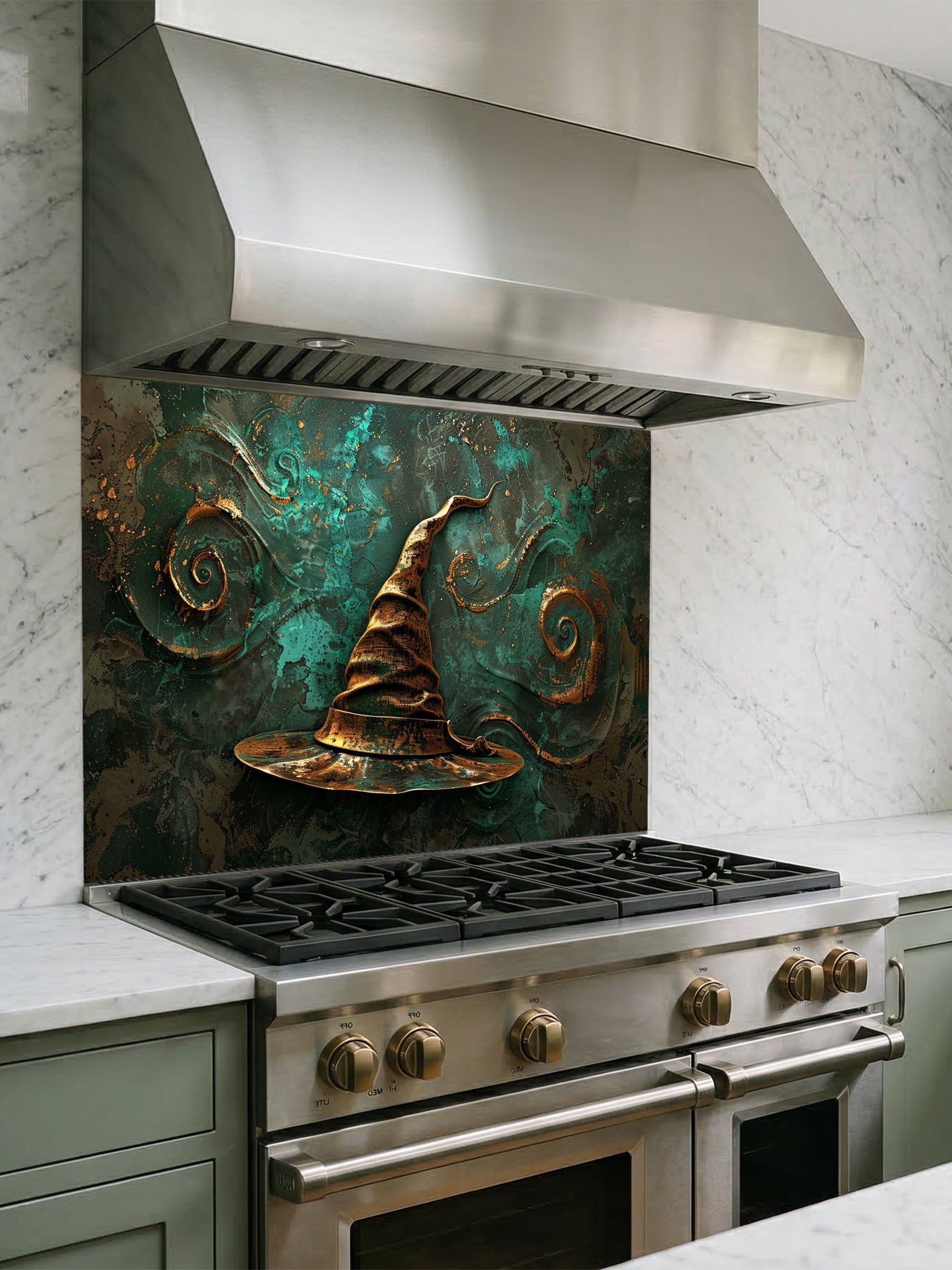 Tempered glass kitchen backsplash featuring a highly realistic 3D illusion of an antique gold sculpted witch or wizard hat surrounded by magical swirling patterns against a textured deep teal background, installed behind a modern black stove.