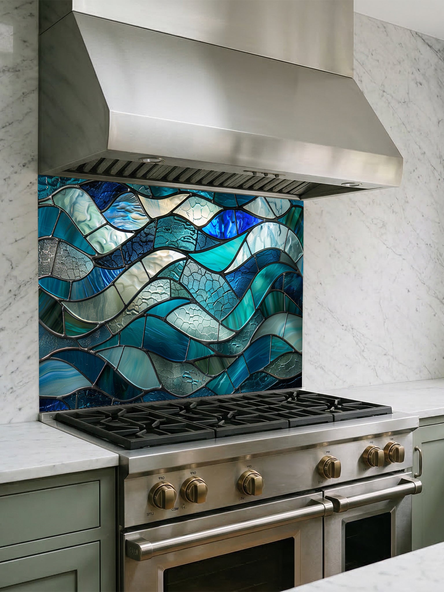 Tempered glass kitchen backsplash featuring a highly realistic 3D illusion of stained glass or sea glass art showing flowing, overlapping ocean waves in vibrant translucent shades of sapphire blue, teal, and aquamarine, installed behind a modern black stove.