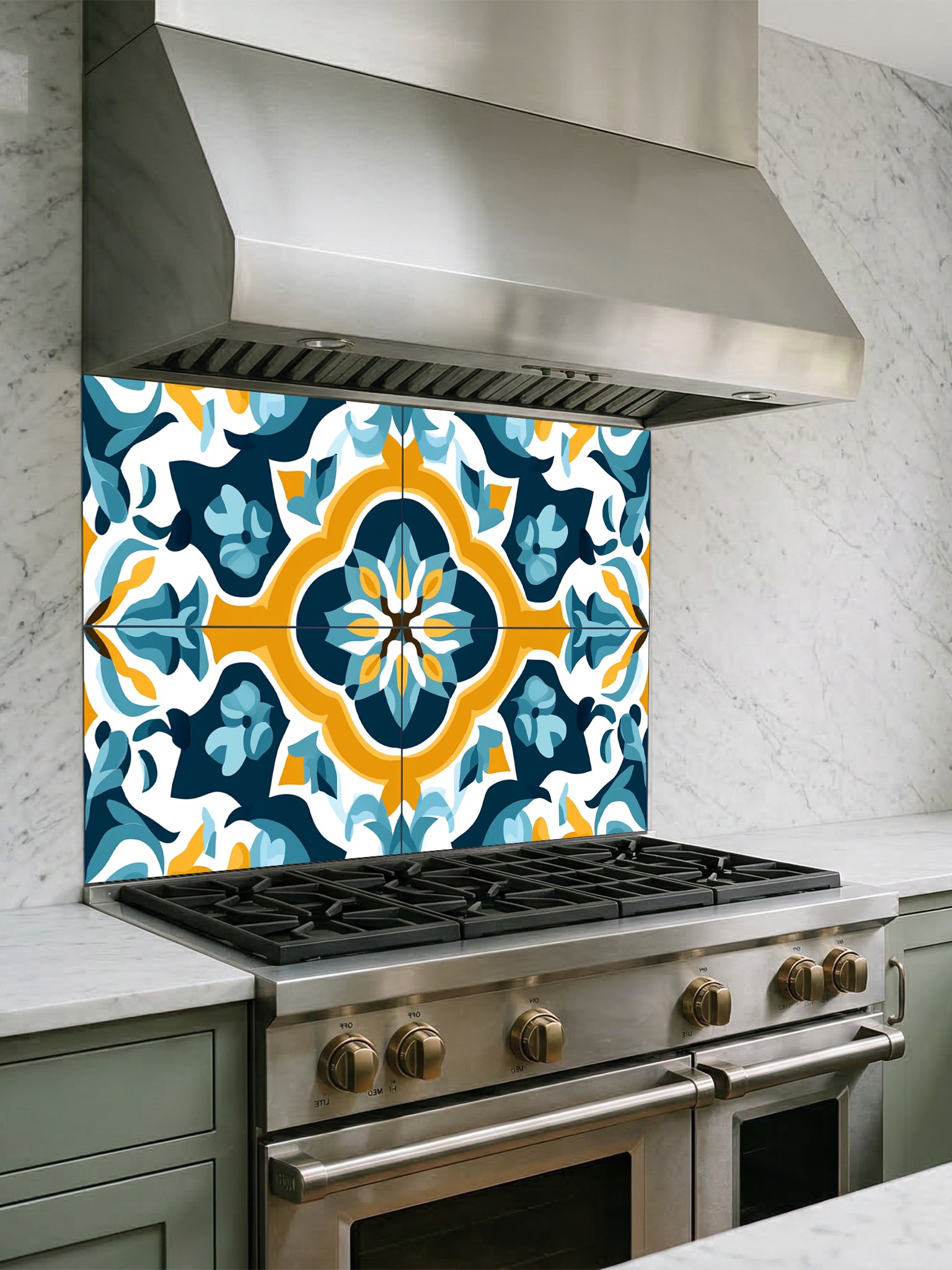 Tempered glass kitchen backsplash featuring a highly realistic illusion of traditional Mediterranean or Portuguese Azulejo tiles, showcasing a bold geometric floral pattern in vibrant teal, yellow, and navy blue on a crisp white background, installed behind a modern black stove.