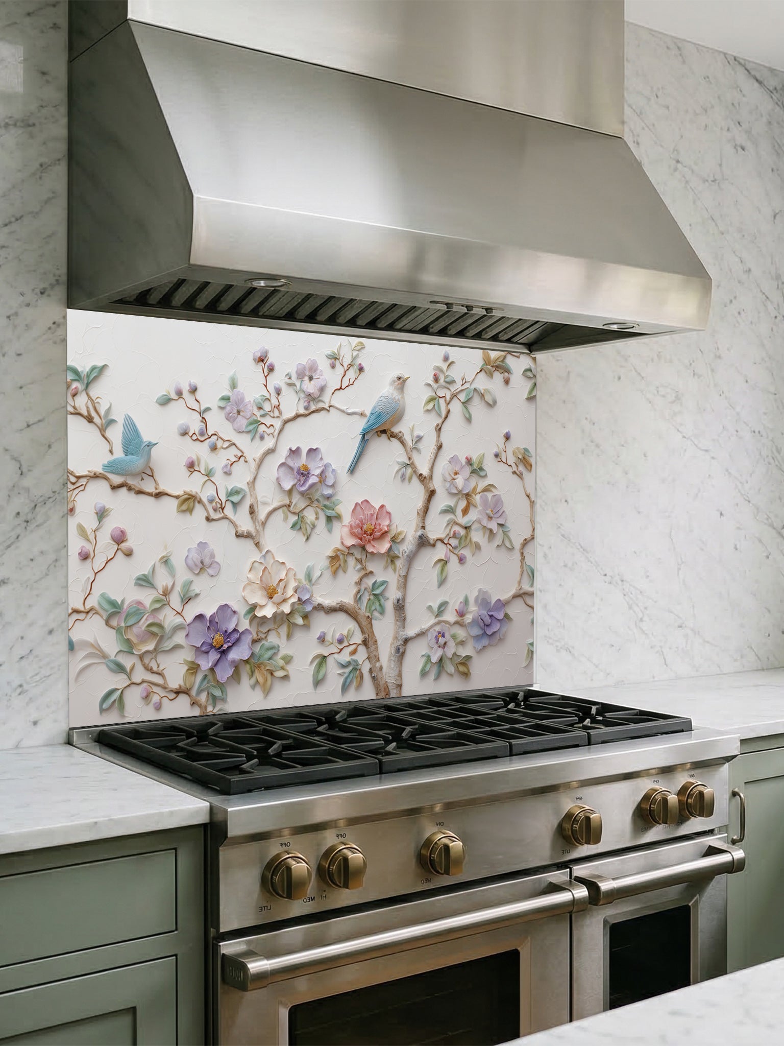 Tempered glass kitchen backsplash featuring a highly realistic 3D illusion of bas-relief plaster art with pastel blooming flowers and light blue birds perched on branches against a white textured background, installed behind a modern stainless steel stove.