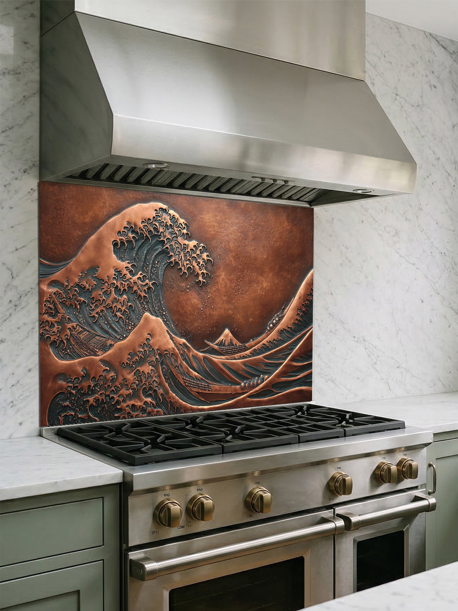 Tempered glass kitchen backsplash featuring a highly realistic 3D faux copper metal relief design of the iconic Great Wave off Kanagawa and Mount Fuji, installed behind a modern stainless steel stove.