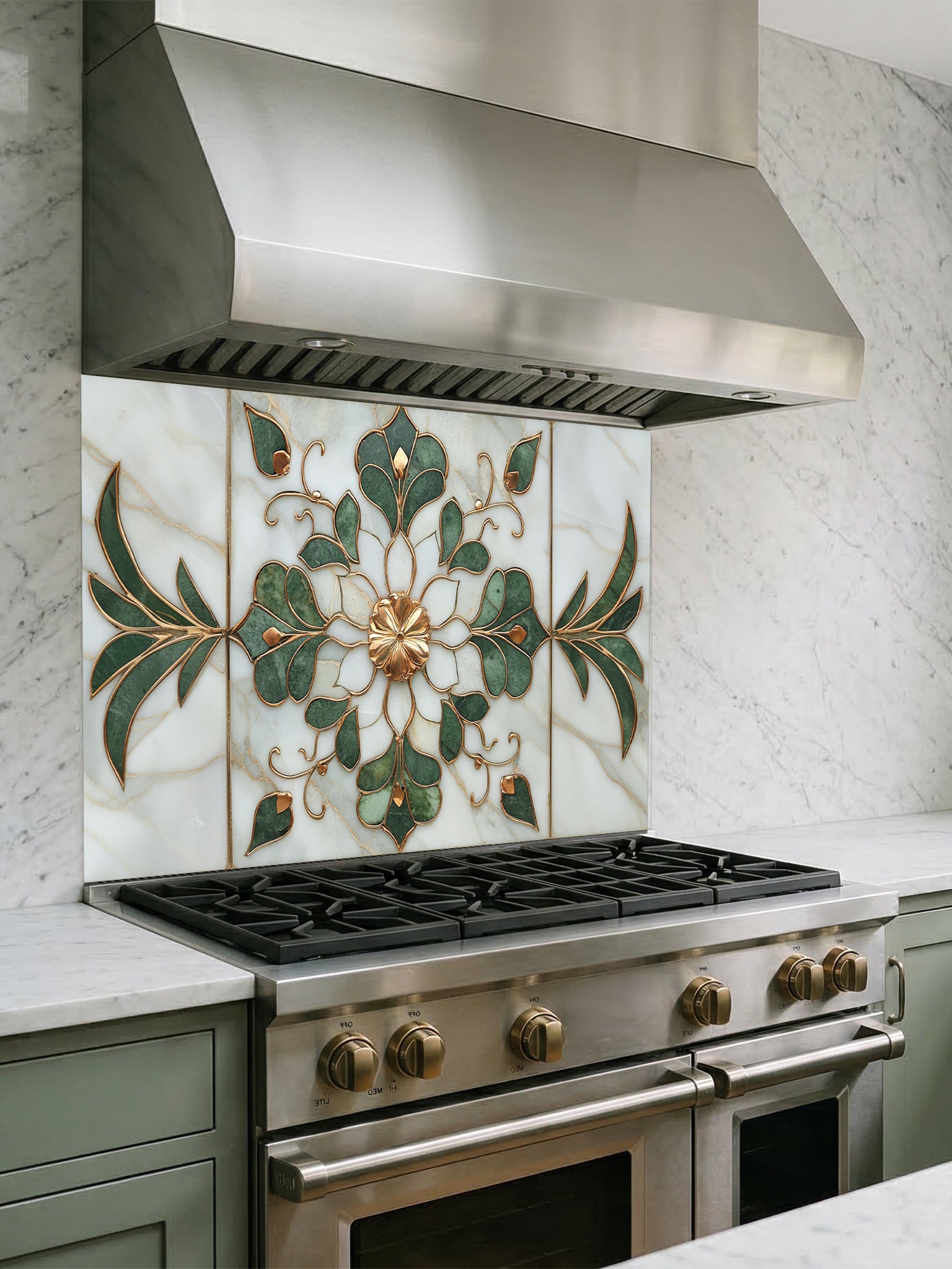 Stainless steel stove with decorative glass backsplash in a kitchen setting
