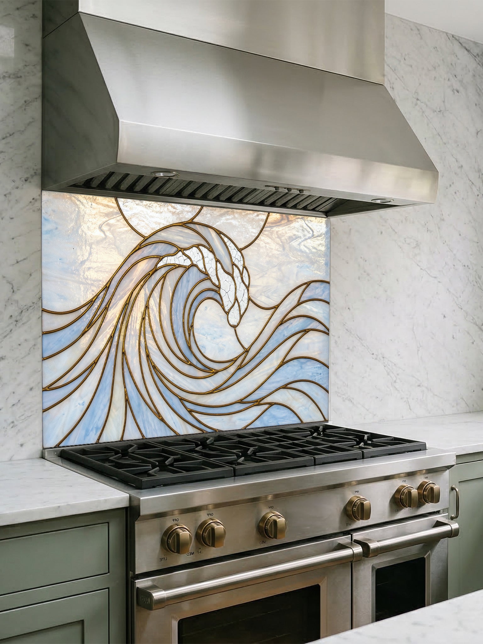 Stainless steel stove with decorative glass splashback in a kitchen setting