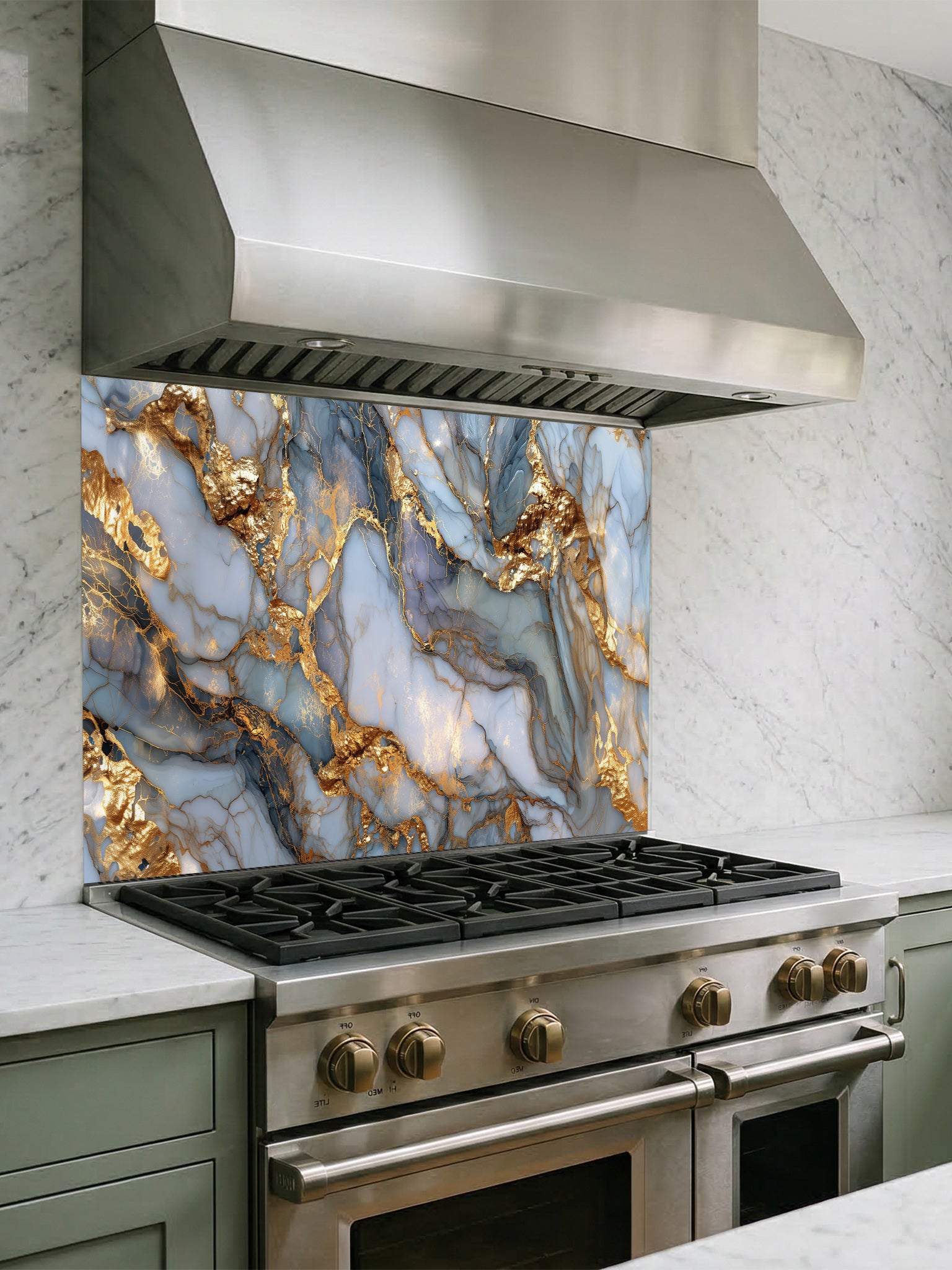 Tempered glass kitchen backsplash featuring a highly realistic 3D-effect design of flowing liquid gold waves cascading across a sophisticated blue and grey marble resin-style background, installed behind a modern stainless steel stove.