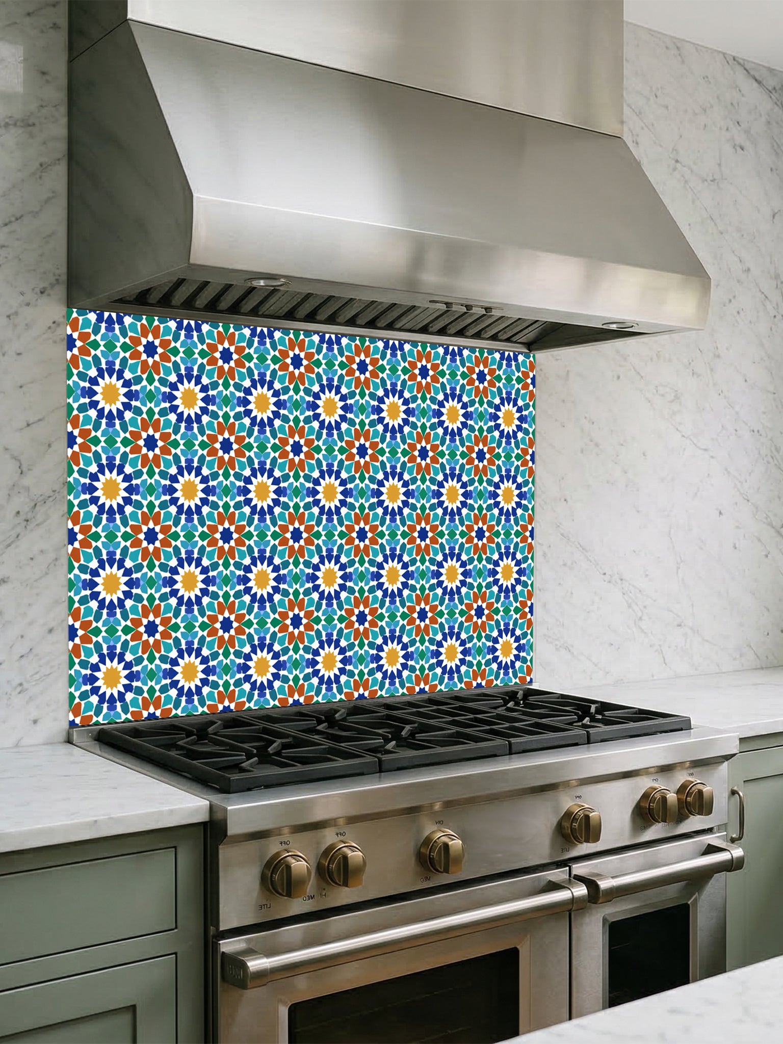 Kitchen stove with colorful floral patterned backsplash