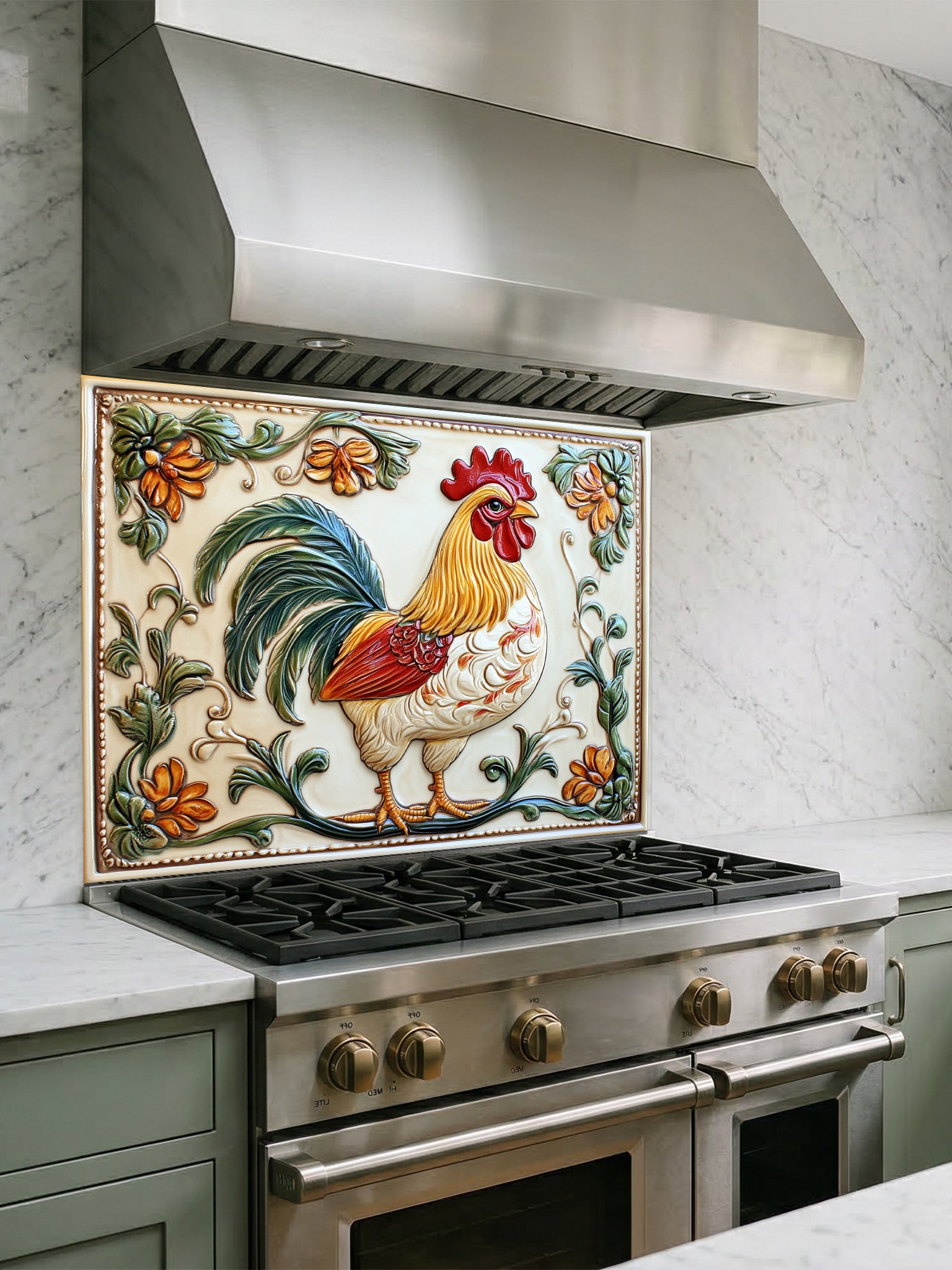 A rustic farmhouse kitchen featuring a tempered glass backsplash with a vintage rooster and floral design that mimics embossed ceramic tiles, installed behind a stainless steel stove.