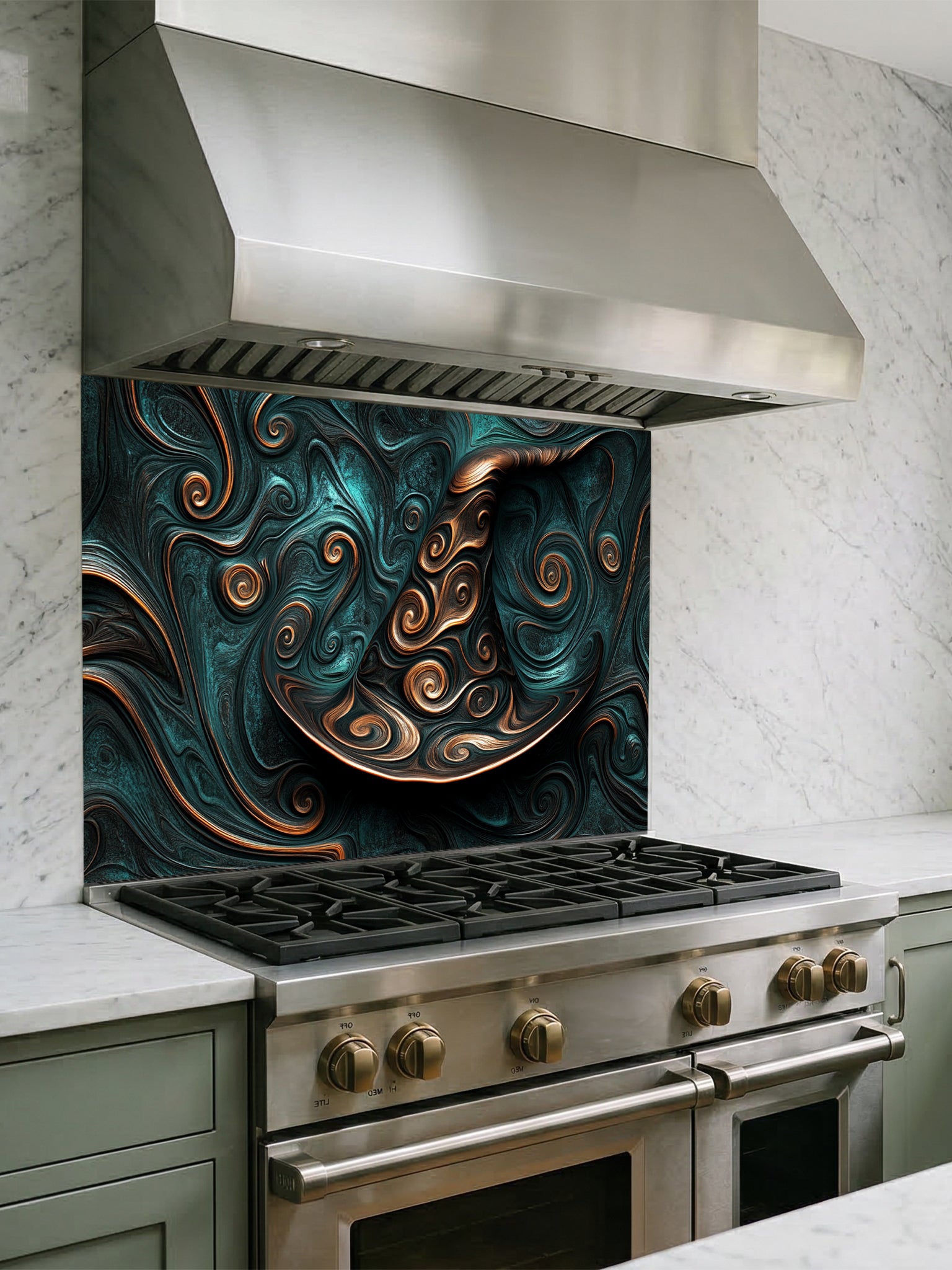 Tempered glass kitchen backsplash featuring a highly realistic 3D illusion of an abstract witch hat formed by smooth, mesmerizing fluid art and fractal swirls in deep teal and metallic copper, installed behind a modern black stove.