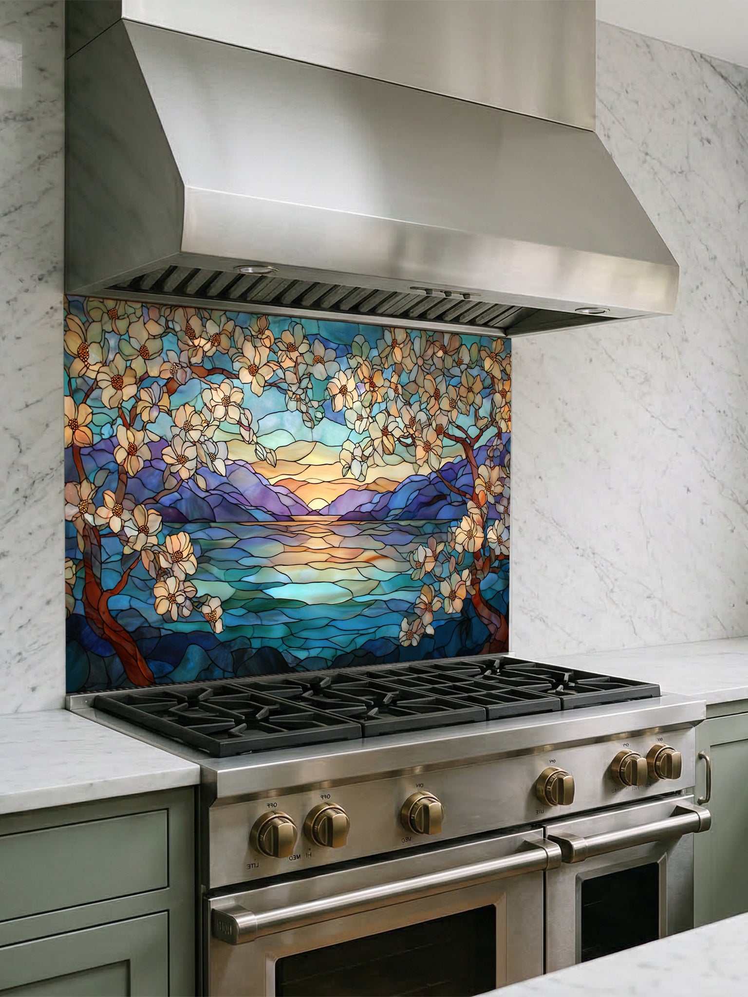 Stainless steel range with decorative tempered glass backsplash in a kitchen setting