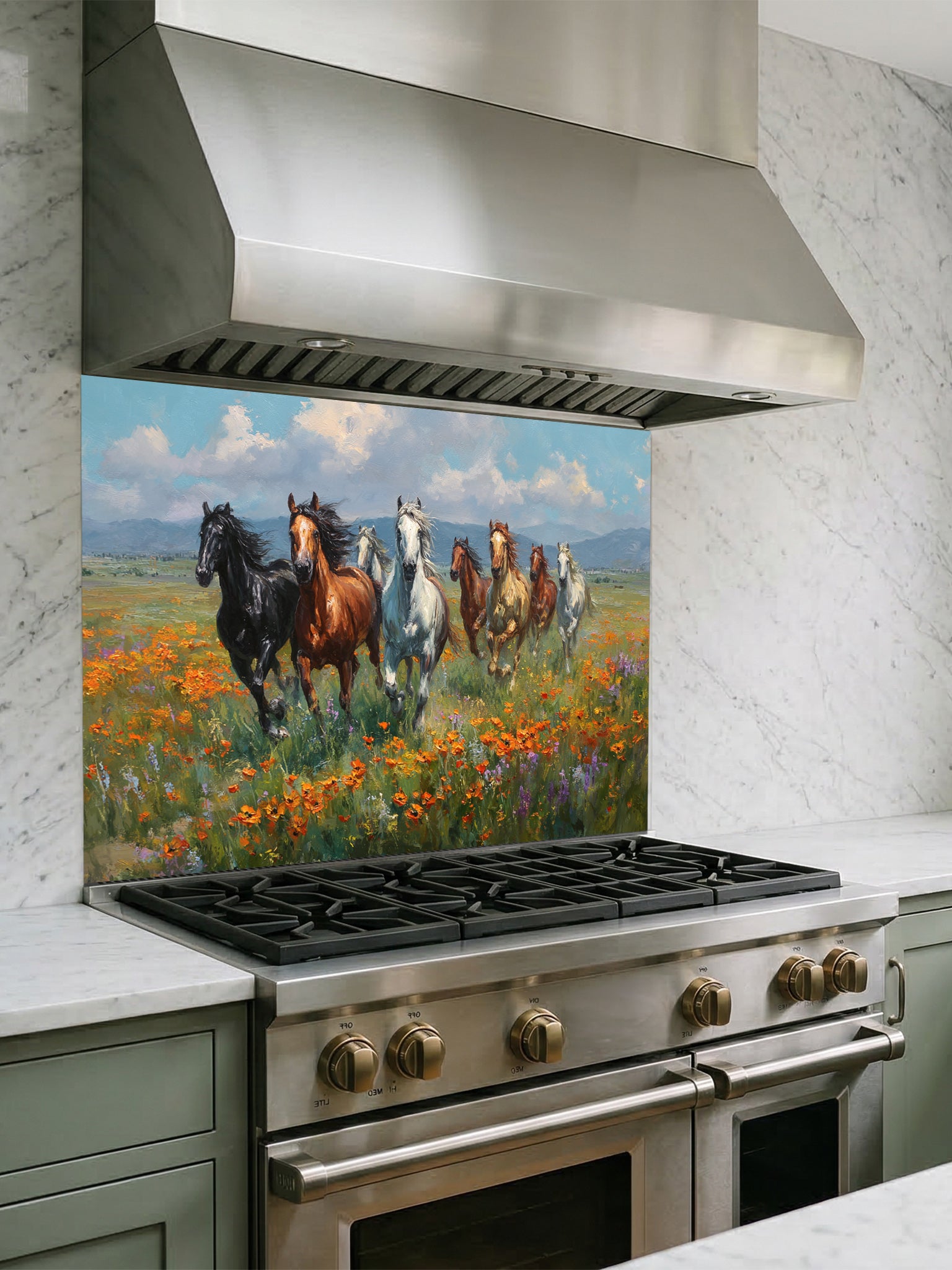 Stainless steel range hood above a stove with a decorative glass backsplash of horses and flowers.