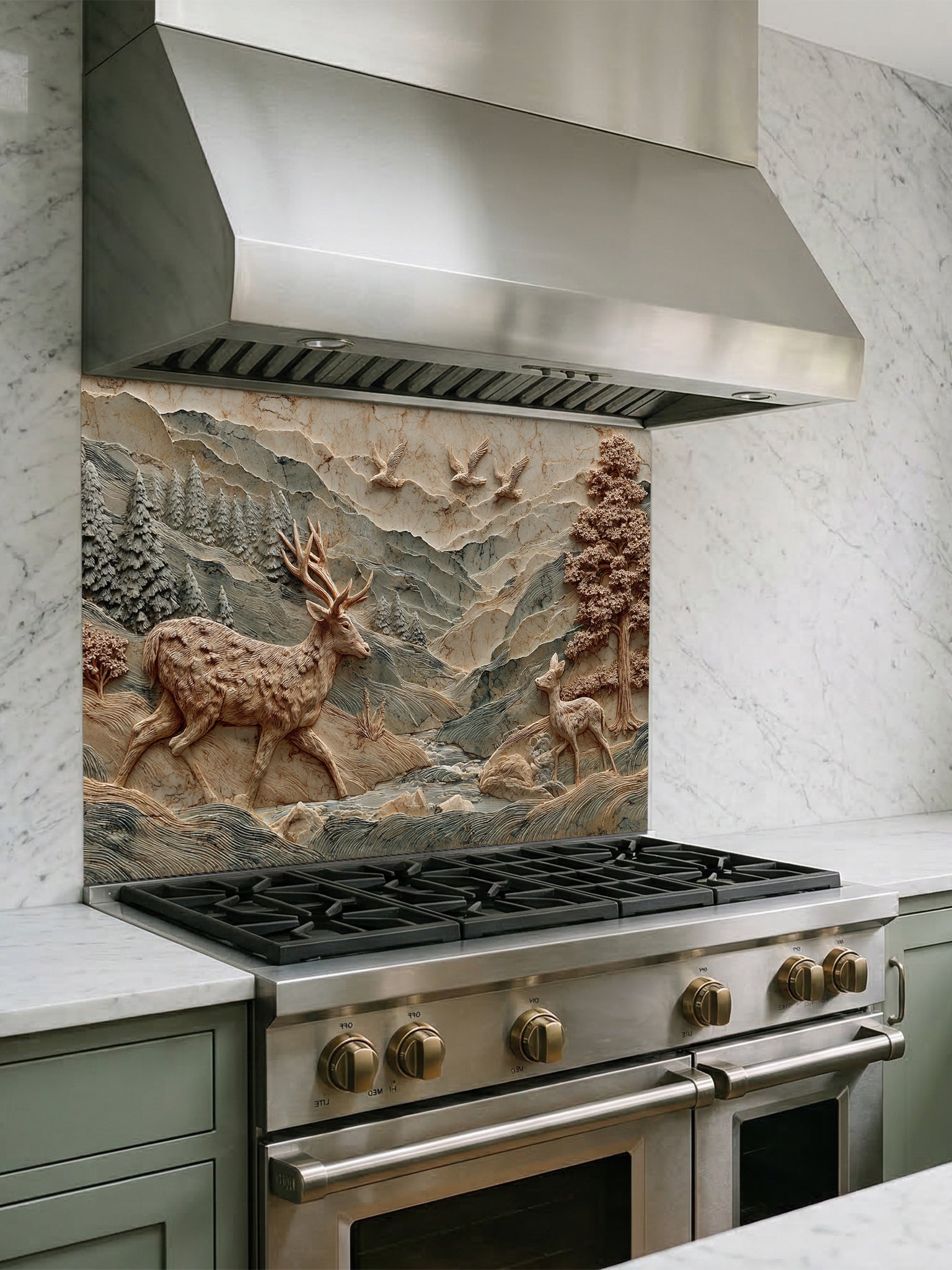 Tempered glass kitchen backsplash featuring a highly realistic 3D illusion of an intricately carved wooden bas-relief sculpture showing a majestic stag and a fawn wandering through a textured mountain and pine forest landscape, installed behind a modern black stove.