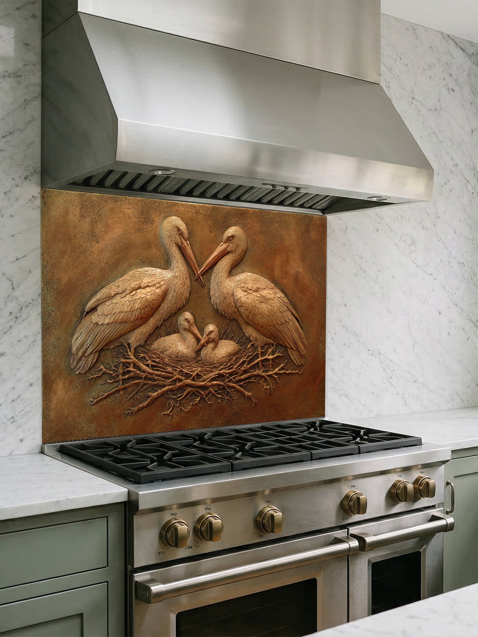 Faux 3D sculpted bronze relief of a stork family in a nest set against a rustic metallic background, UV printed on a smooth tempered glass kitchen backsplash.