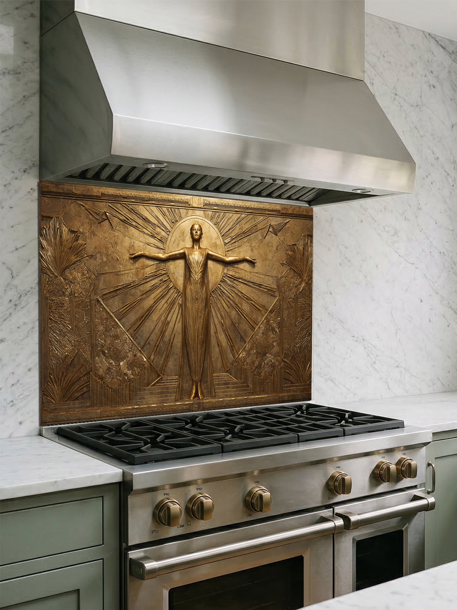 Tempered glass kitchen backsplash featuring a highly realistic 3D faux gold metal relief of a vintage Art Deco woman framed by elegant sunburst rays, installed behind a modern stainless steel stove.
