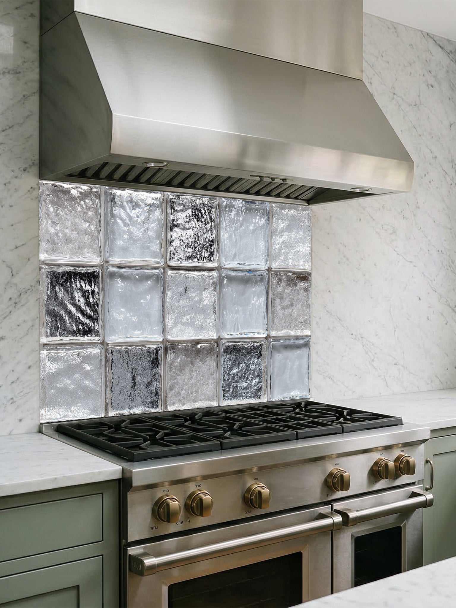Faux clear glass block and ice texture 3D effect UV printed on a smooth tempered glass kitchen backsplash, installed behind a modern stove.