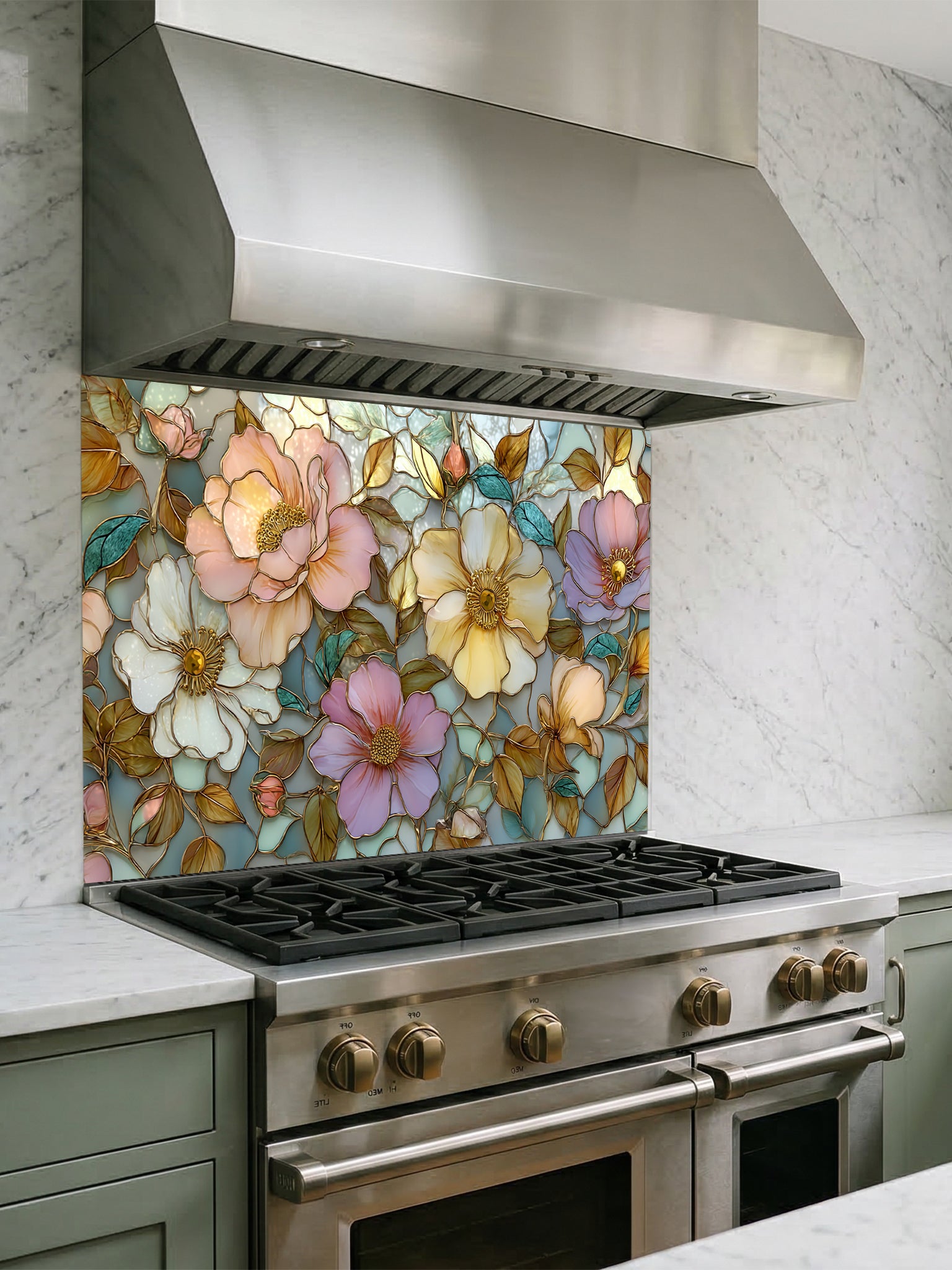 Stained glass style botanical pattern featuring large pastel pink, peach, and yellow peony flowers with gold outlines, UV printed on a smooth tempered glass kitchen backsplash.