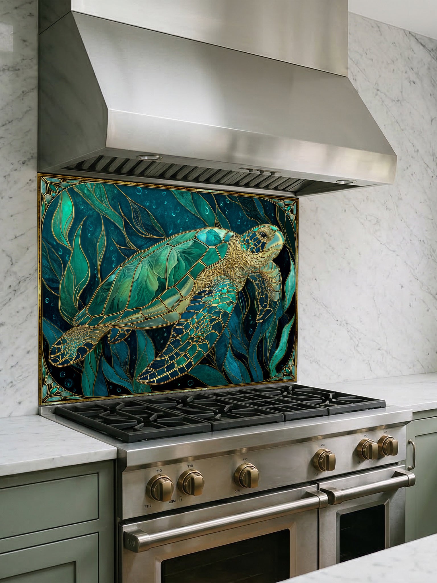 Tempered glass kitchen backsplash featuring a highly realistic 3D illusion of Art Nouveau stained glass showing a graceful sea turtle swimming among flowing teal and emerald underwater botanicals outlined in gold, installed behind a modern stainless steel stove.