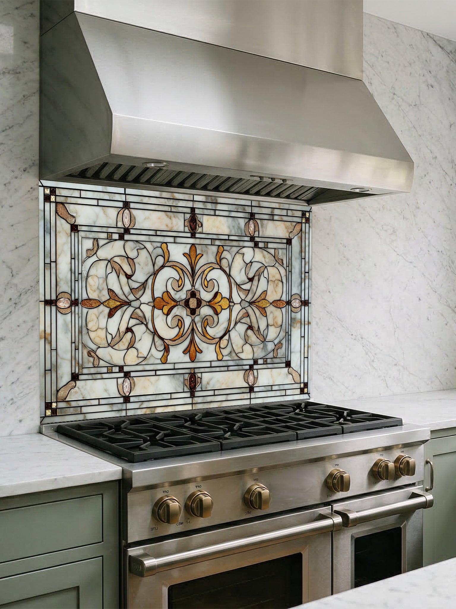 Faux antique leaded stained glass panel featuring elegant symmetrical scrollwork in warm amber and marbled cream tones, UV printed on a smooth tempered glass kitchen backsplash.