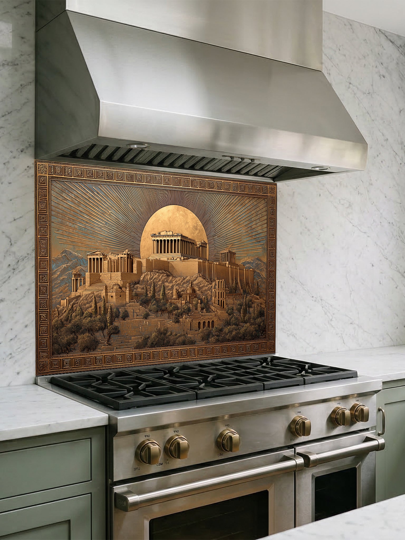 Faux 3D sculpted gold and bronze relief of the Ancient Greek Acropolis and Parthenon under a glowing moon, framed by a Greek key border, UV printed on a smooth tempered glass kitchen backsplash.