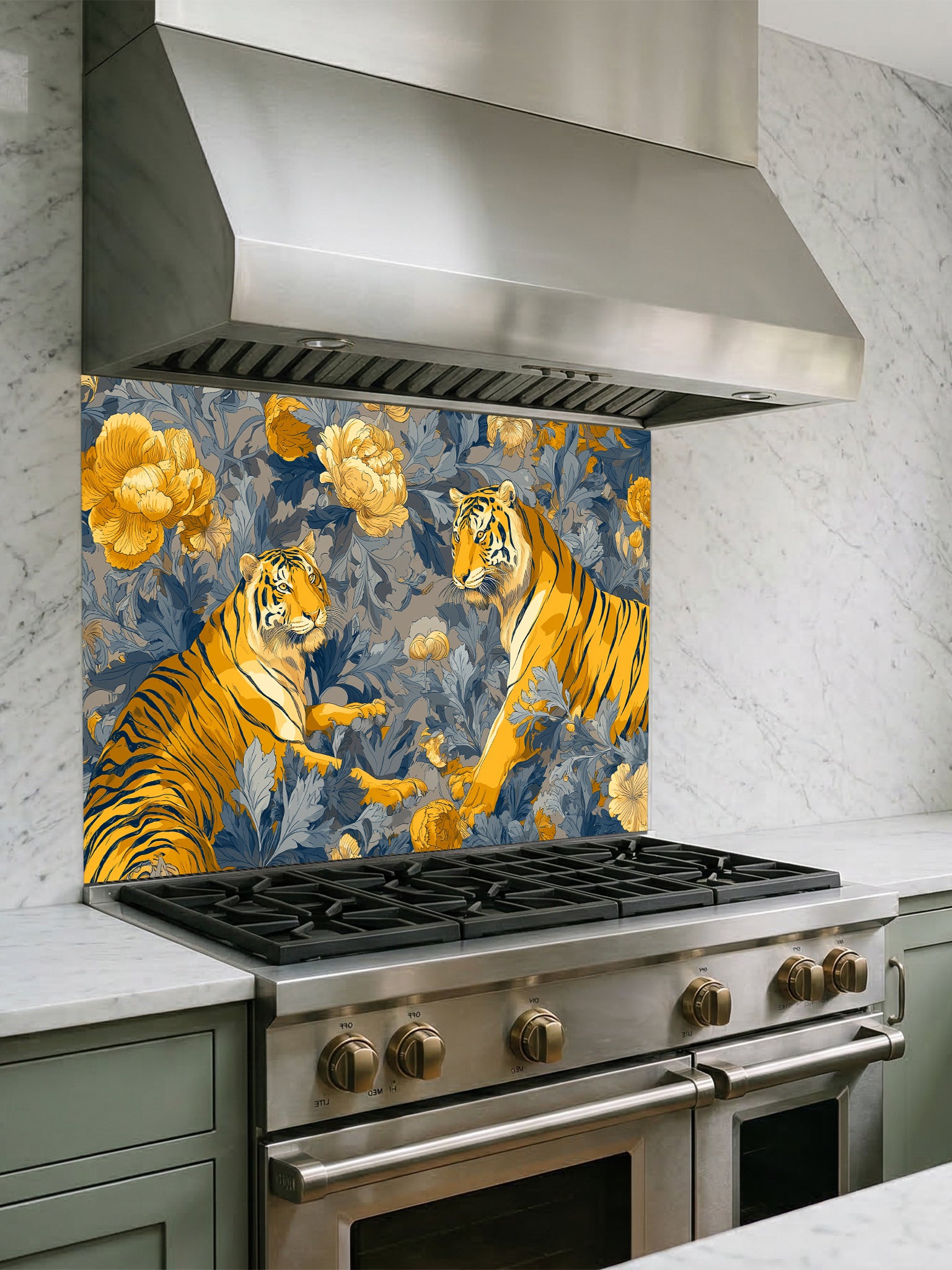 Vintage Chinoiserie style illustration of two majestic tigers among golden yellow peonies and deep blue botanical foliage, UV printed on a smooth tempered glass kitchen backsplash.