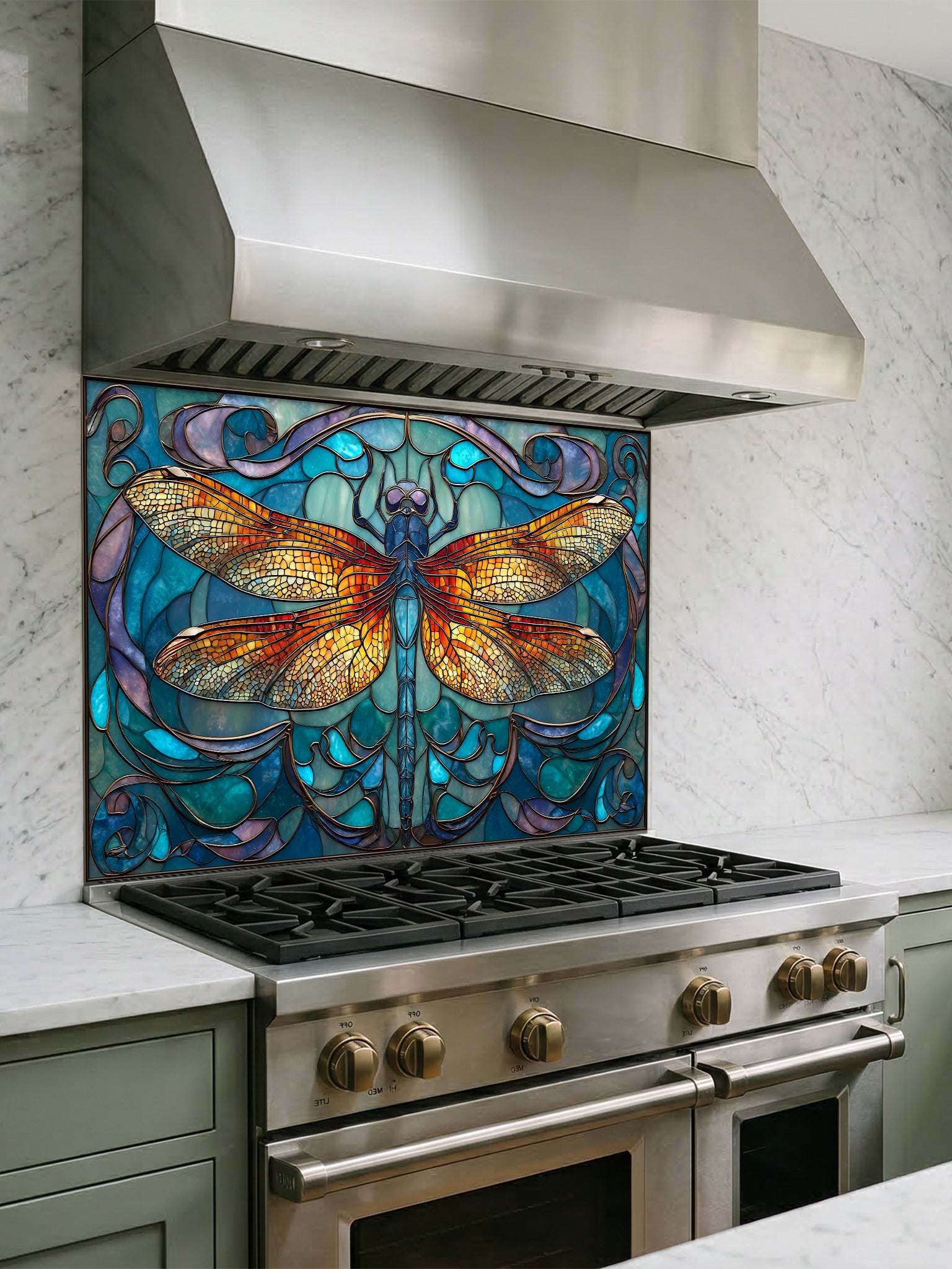 Tempered glass kitchen backsplash featuring a highly realistic 3D illusion of Art Nouveau stained glass showing a magnificent, symmetrical dragonfly with vibrant amber and gold wings set against a swirling teal, blue, and purple patterned background, installed behind a modern black stove.