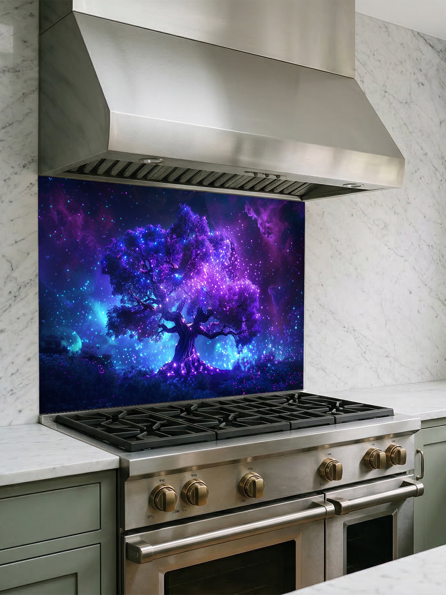 Glowing purple and blue cosmic tree of life against a starry nebula galaxy background, UV printed on a smooth tempered glass kitchen backsplash.