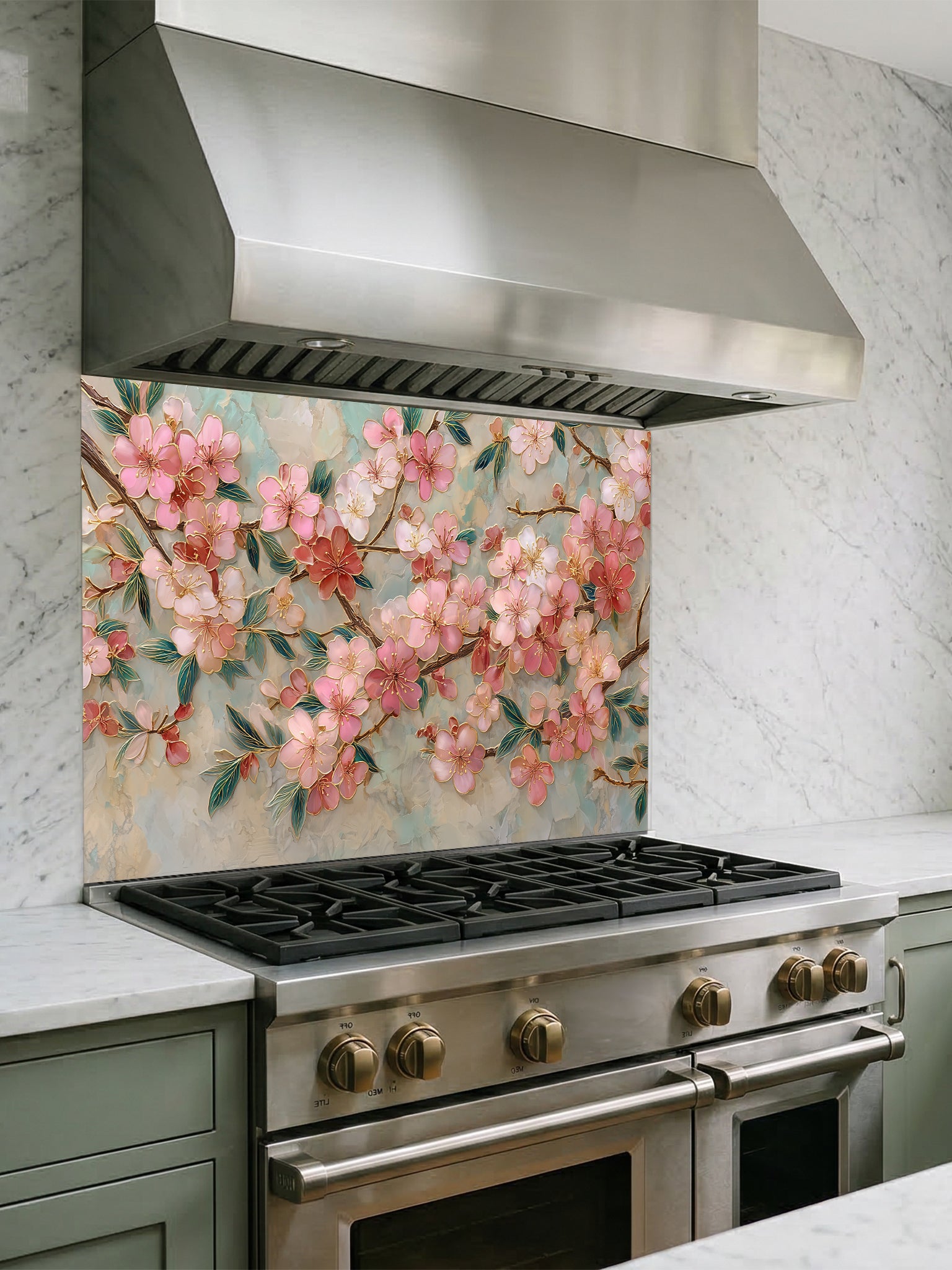 Faux 3D effect glossy pink cherry blossom branches with golden metallic outlines on a soft teal marble background, UV printed on a smooth tempered glass kitchen backsplash.