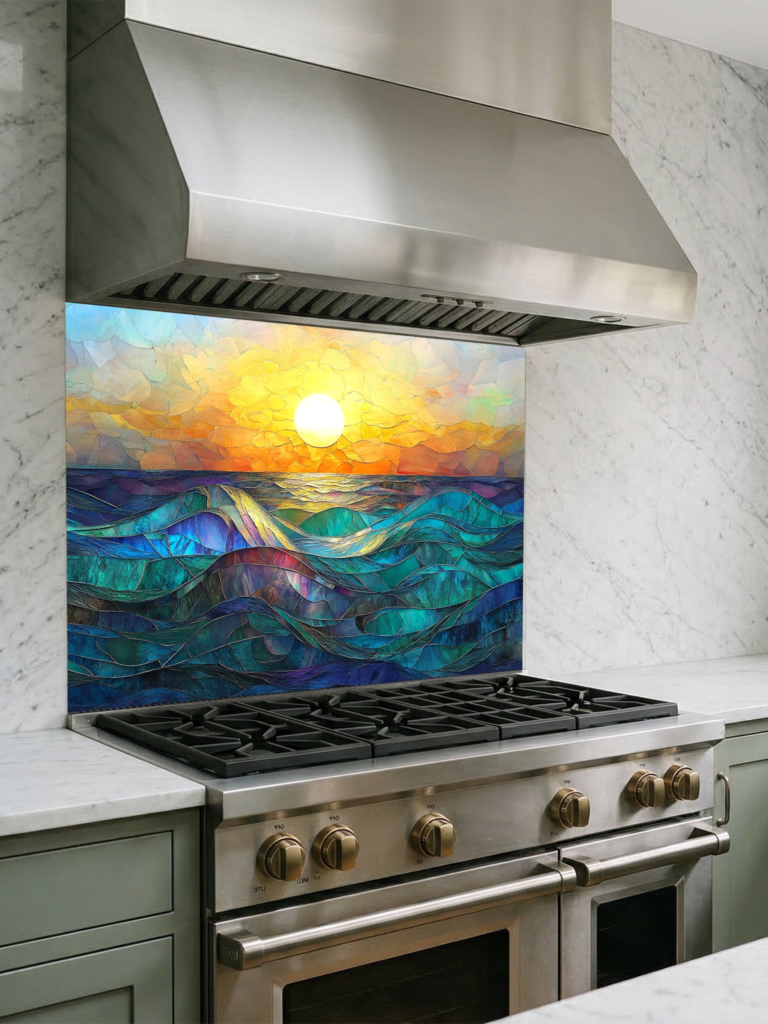 Stainless steel range hood above a stove with a colorful ocean-themed backsplash.