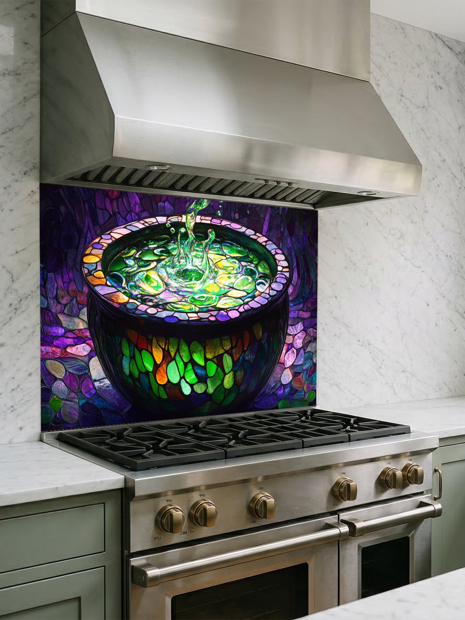 Tempered glass kitchen backsplash featuring a highly realistic 3D illusion of stained glass and mosaic art showing a dark magical cauldron filled with a splashing, glowing neon green potion against a deep purple cobblestone background, installed behind a modern stainless steel stove.