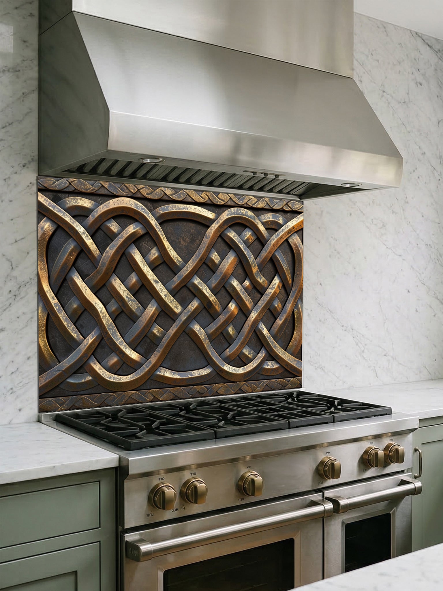 Tempered glass kitchen backsplash featuring a highly realistic 3D faux metal design of intricate interlaced Celtic knots in antique bronze and dark iron tones, installed behind a modern stainless steel stove.