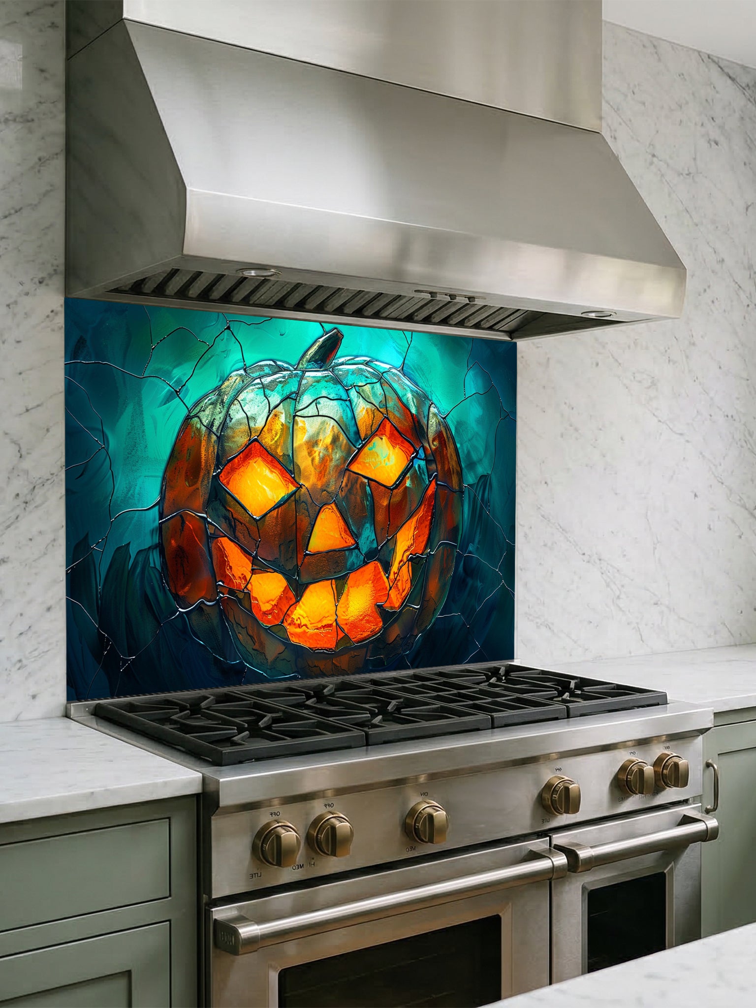 Tempered glass kitchen backsplash featuring a highly realistic 3D illusion of stained glass art showing a spooky Jack-o'-lantern pumpkin with glowing fiery orange eyes and mouth against a dark teal cracked glass background, installed behind a modern black stove.