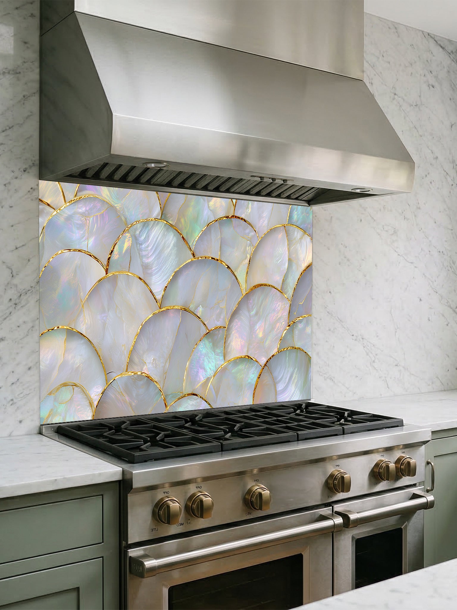 A luxurious kitchen featuring a tempered glass backsplash with an iridescent mother of pearl scallop pattern and gold accents, installed behind a modern stainless steel stove.