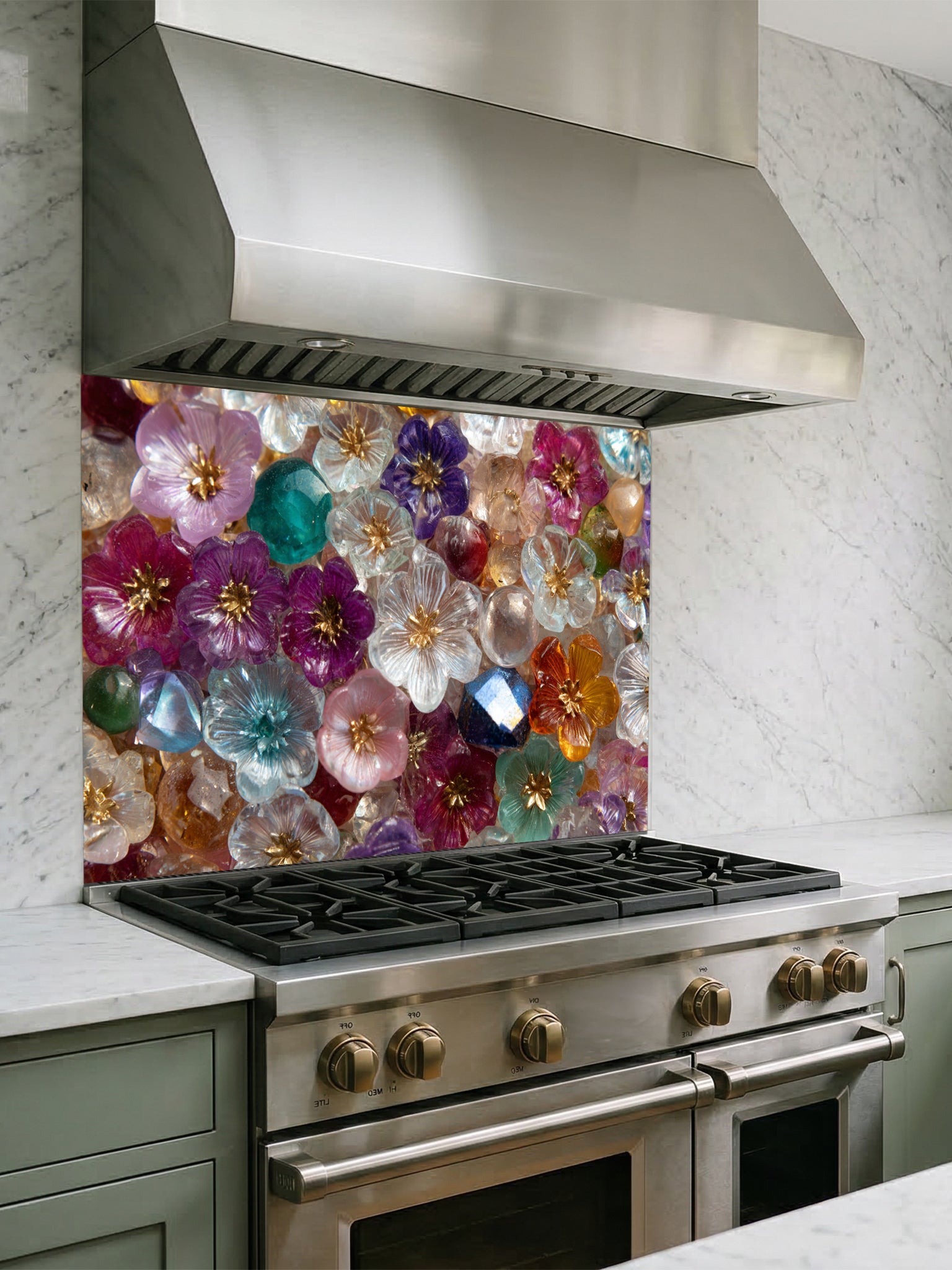 Tempered glass kitchen backsplash featuring a highly realistic 3D illusion of a dense, sparkling mosaic made of translucent glass flowers and crystal gems in vibrant jewel tones of purple, ruby, sapphire, emerald, and gold, installed behind a modern black stove.