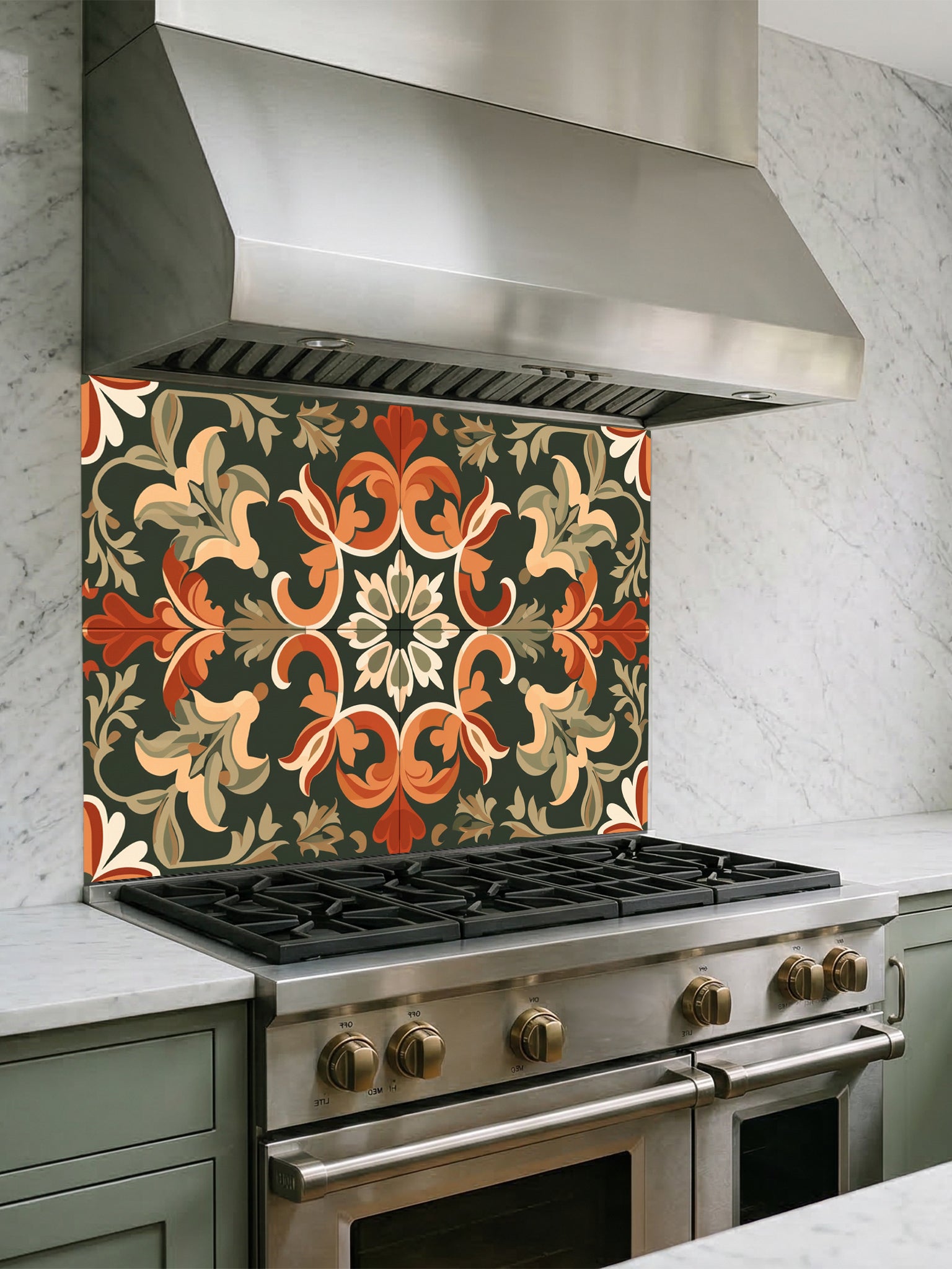Vintage style Moroccan tile pattern featuring terracotta orange and cream botanical scrollwork on a deep forest green background, UV printed on a smooth tempered glass kitchen backsplash.
