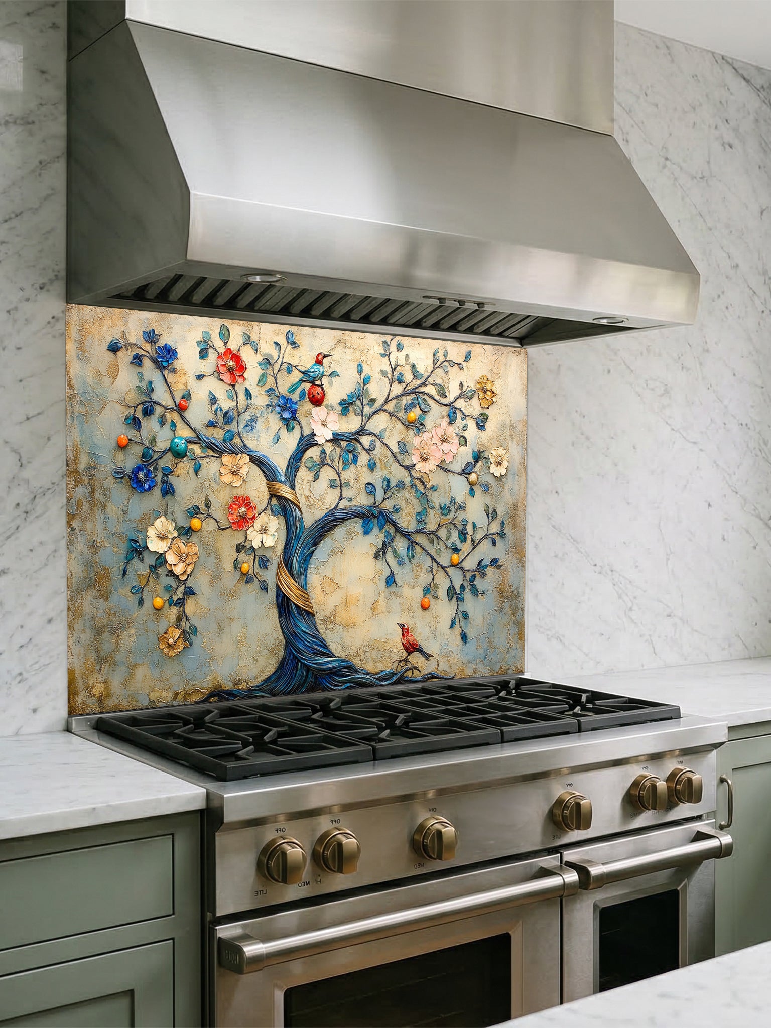 Tempered glass kitchen backsplash featuring a highly realistic 3D illusion of an embossed bas-relief sculpture showing an enchanted tree with a twisting blue trunk, colorful blooming flowers, and perched birds against a textured vintage golden-beige background, installed behind a modern black stove.