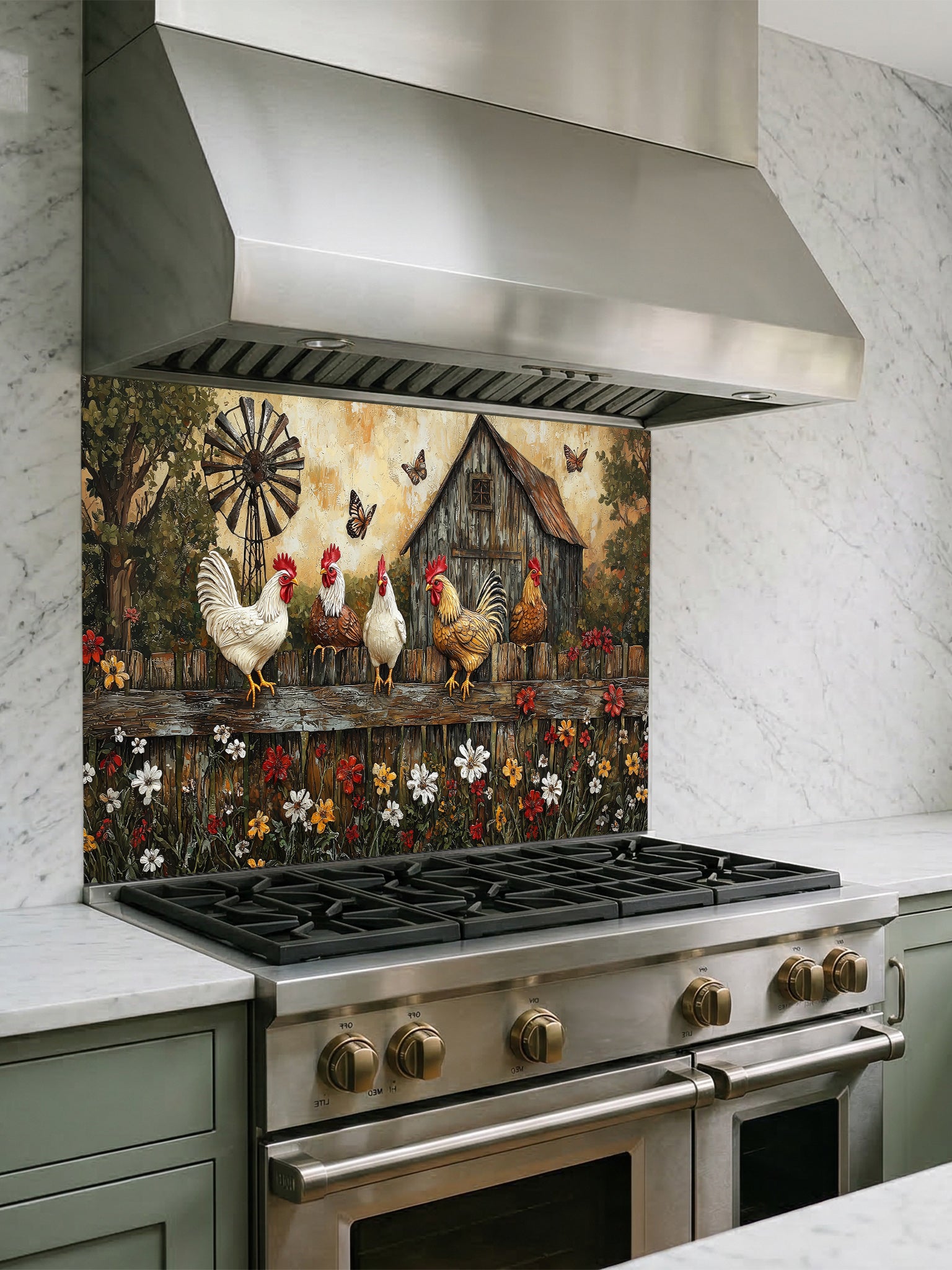 Tempered glass kitchen backsplash featuring a rustic painting of roosters and chickens perched on a wooden fence above colorful wildflowers, with a vintage barn and windmill in the background, installed behind a modern stainless steel stove.