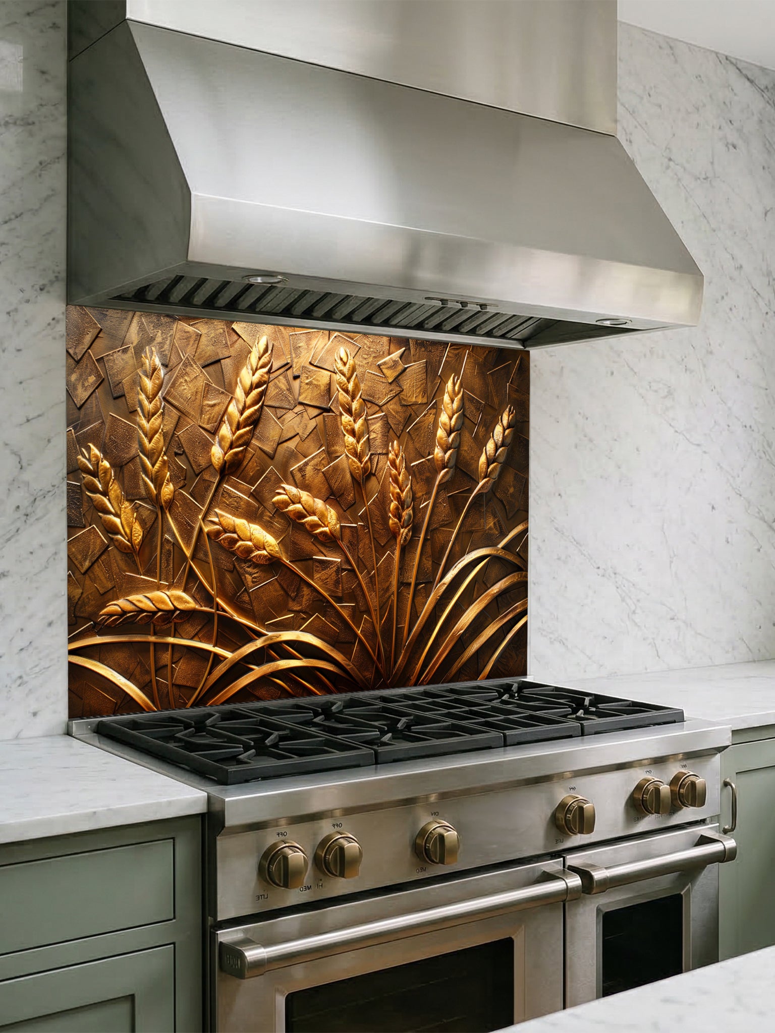 Faux 3D effect carved bronze and gold wheat stalks on a textured metallic background, UV printed on a smooth tempered glass kitchen backsplash, installed behind a modern stove.