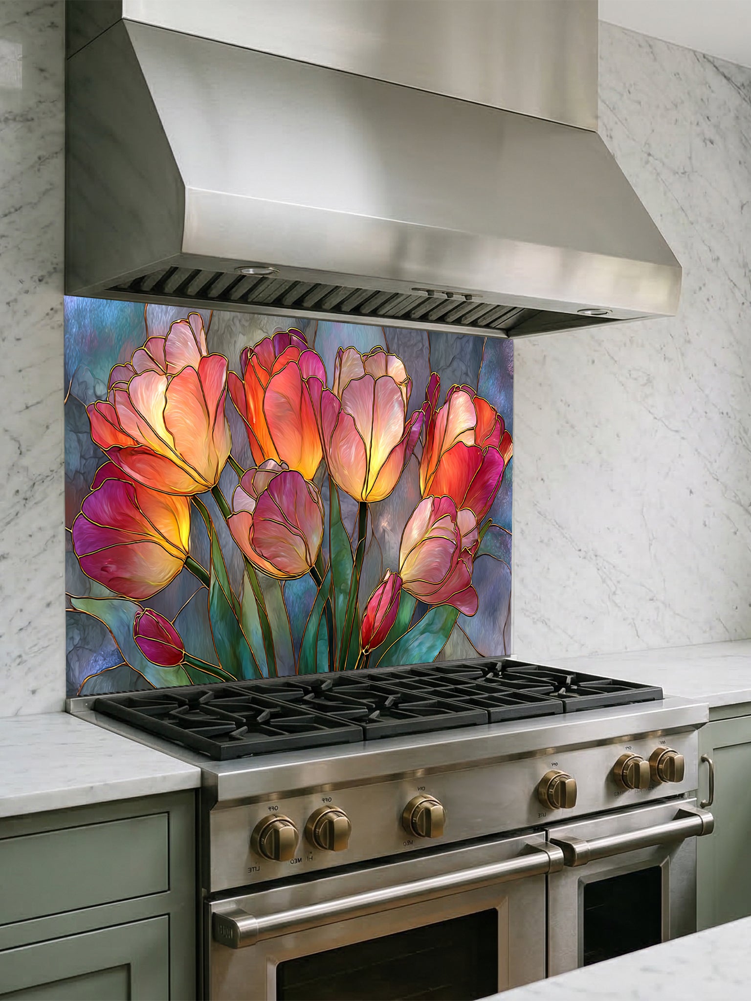 Stained glass style blooming tulips in vibrant red, orange, yellow, and pink on a textured blue background, UV printed on a smooth tempered glass kitchen backsplash, installed behind a modern stove.