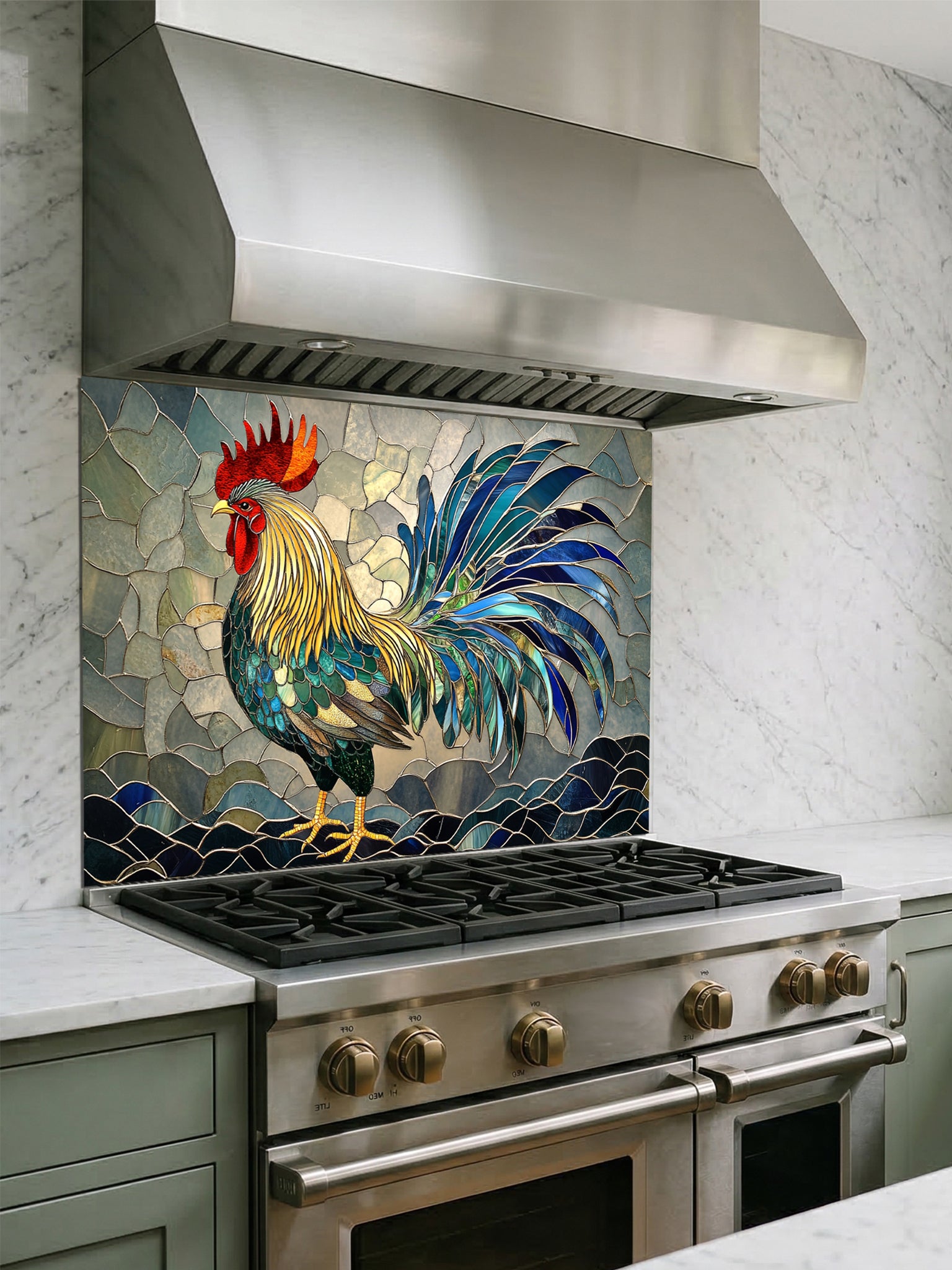 Tempered glass kitchen backsplash featuring a vibrant faux stained glass design of a majestic rooster in rich blues, greens, yellows, and reds, installed behind a modern stainless steel stove.