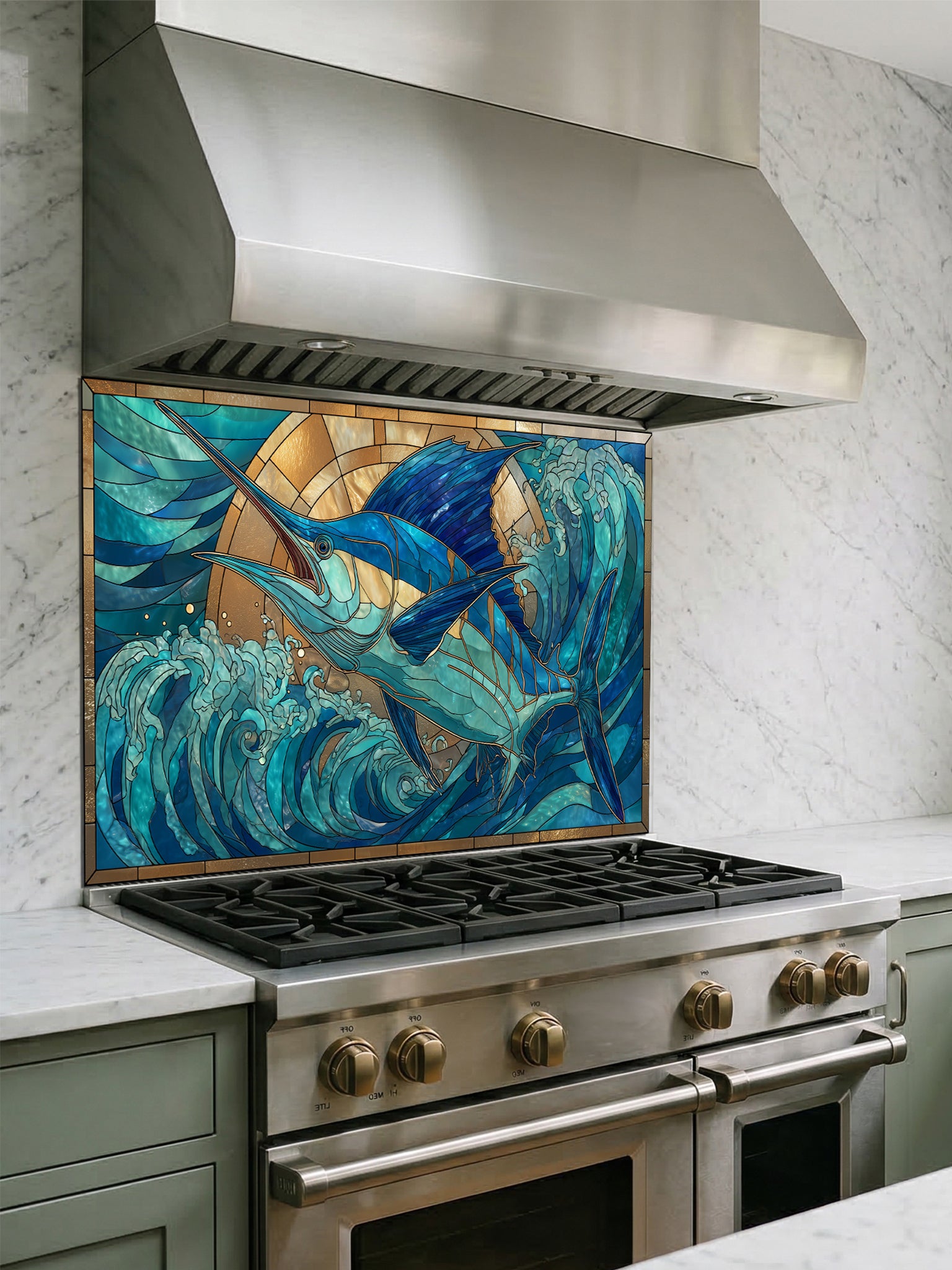 Tempered glass kitchen backsplash featuring a vibrant faux stained glass design of a majestic blue marlin leaping out of teal ocean waves against a glowing golden sunburst background, installed behind a modern stainless steel stove.